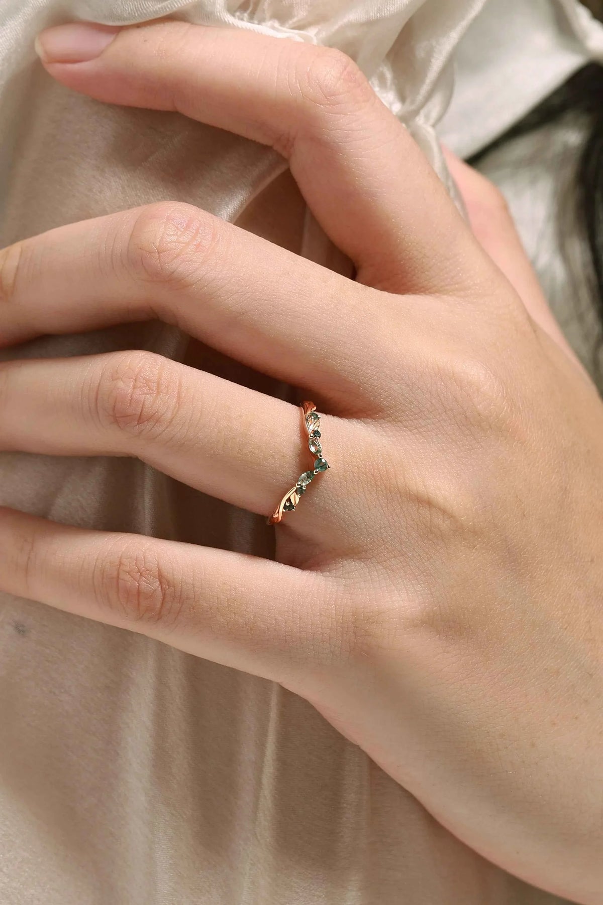 Nature-Inspired Moss Agate Chevron Wedding Band