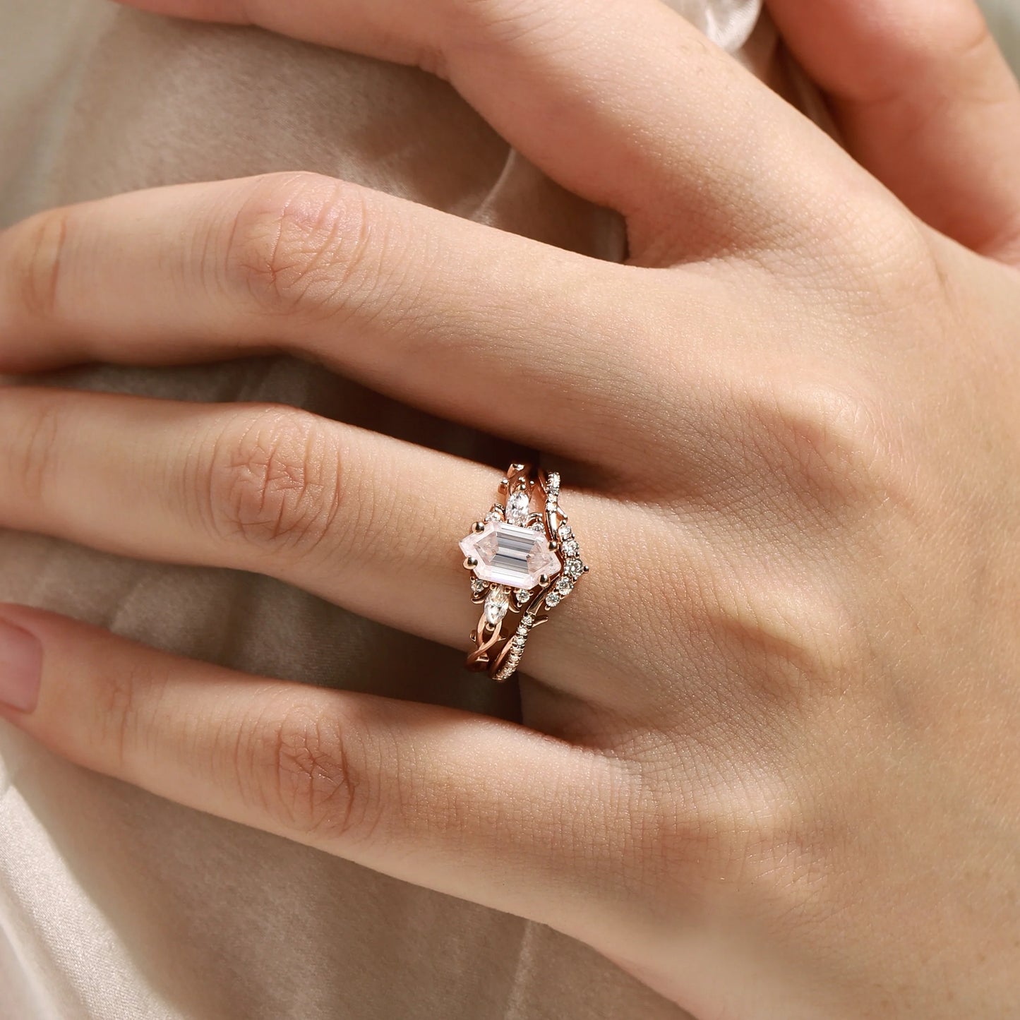Nature-inspired Hexagon Cut Moissanite Engagement Ring Set 2pcs