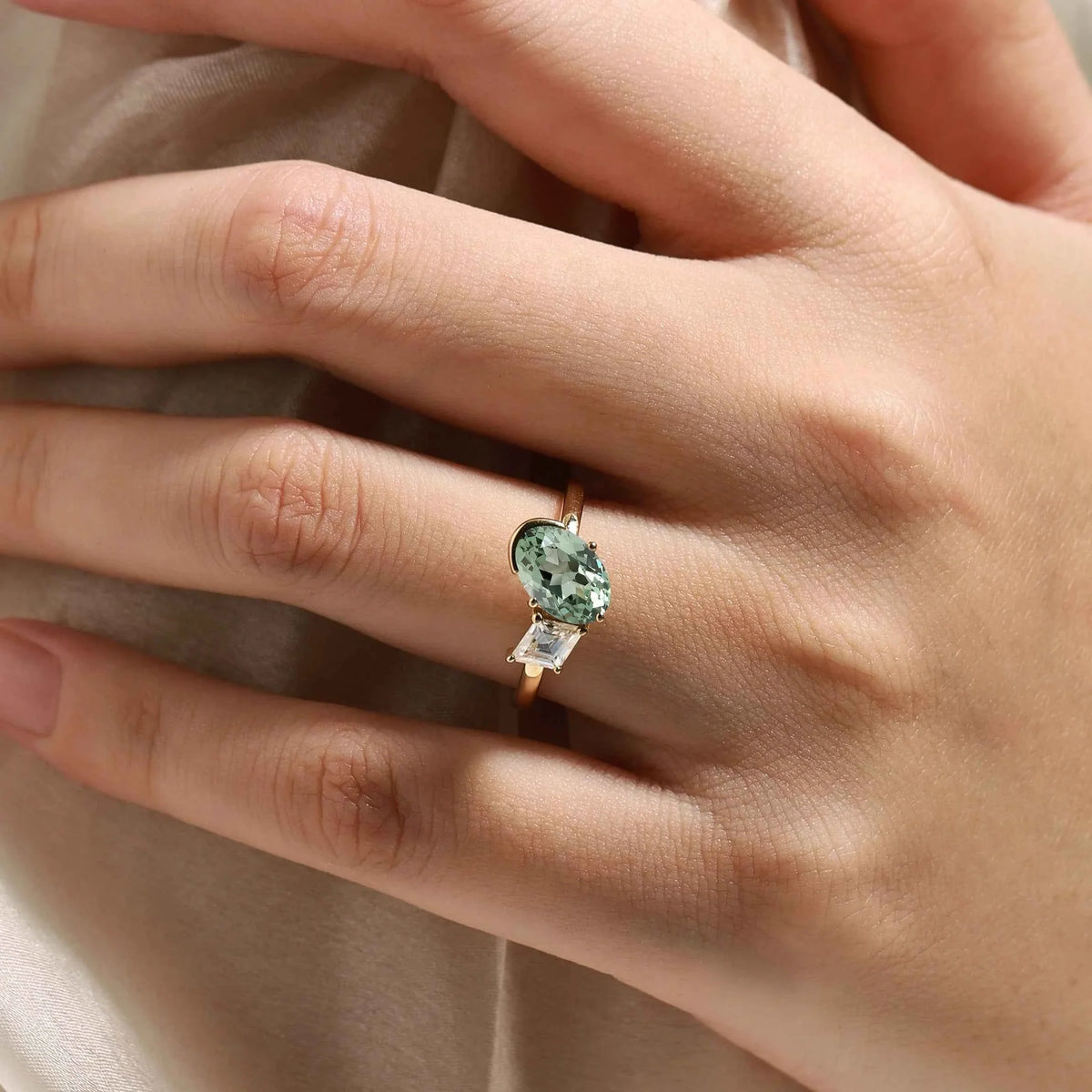 Art Deco Inspired Double-Stone Ring Oval Green Sapphire & Kite Moissanite Engagement Ring
