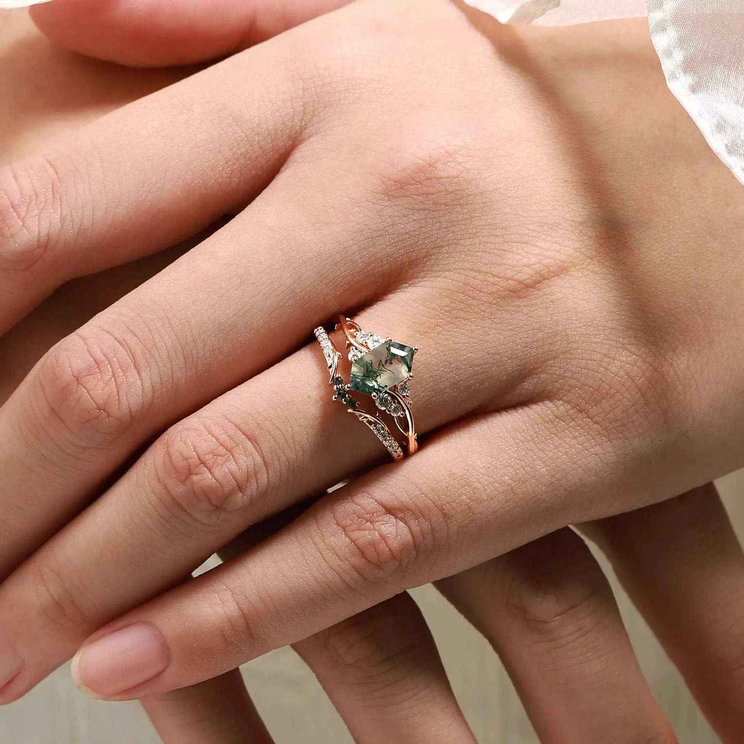 Vine-Inspired Hexagon Cut Moss Agate Engagement Ring with Wedding Band 2Pcs Set