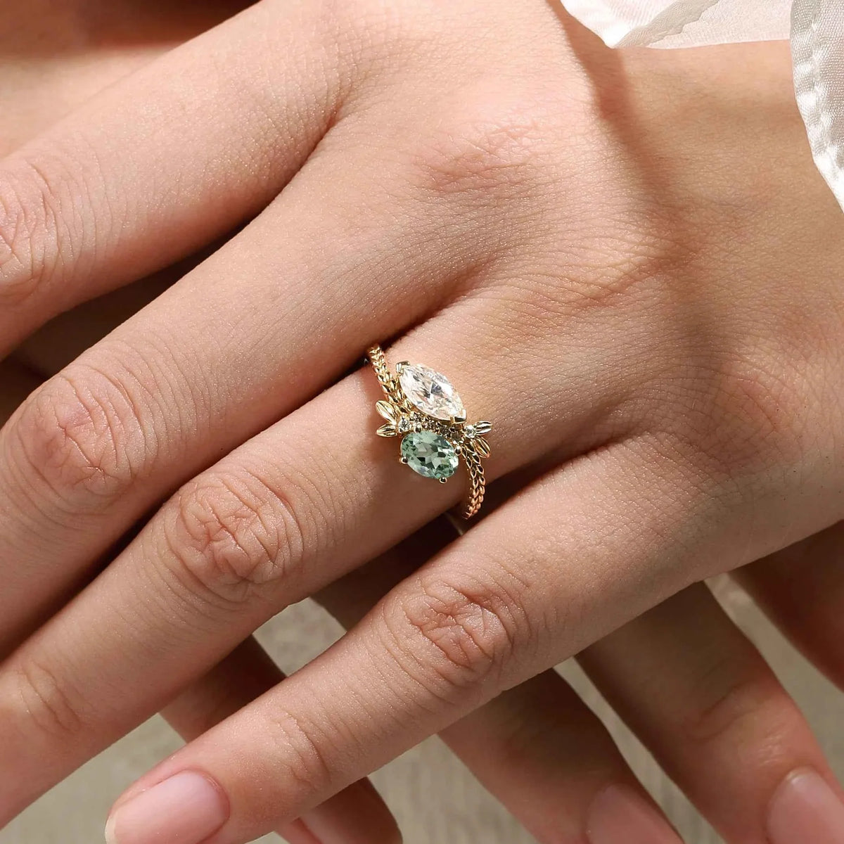 Nature Inspired Toi et Moi 2 Stone Ring Marquise Moissanite & Oval Green Sapphire Engagement Ring