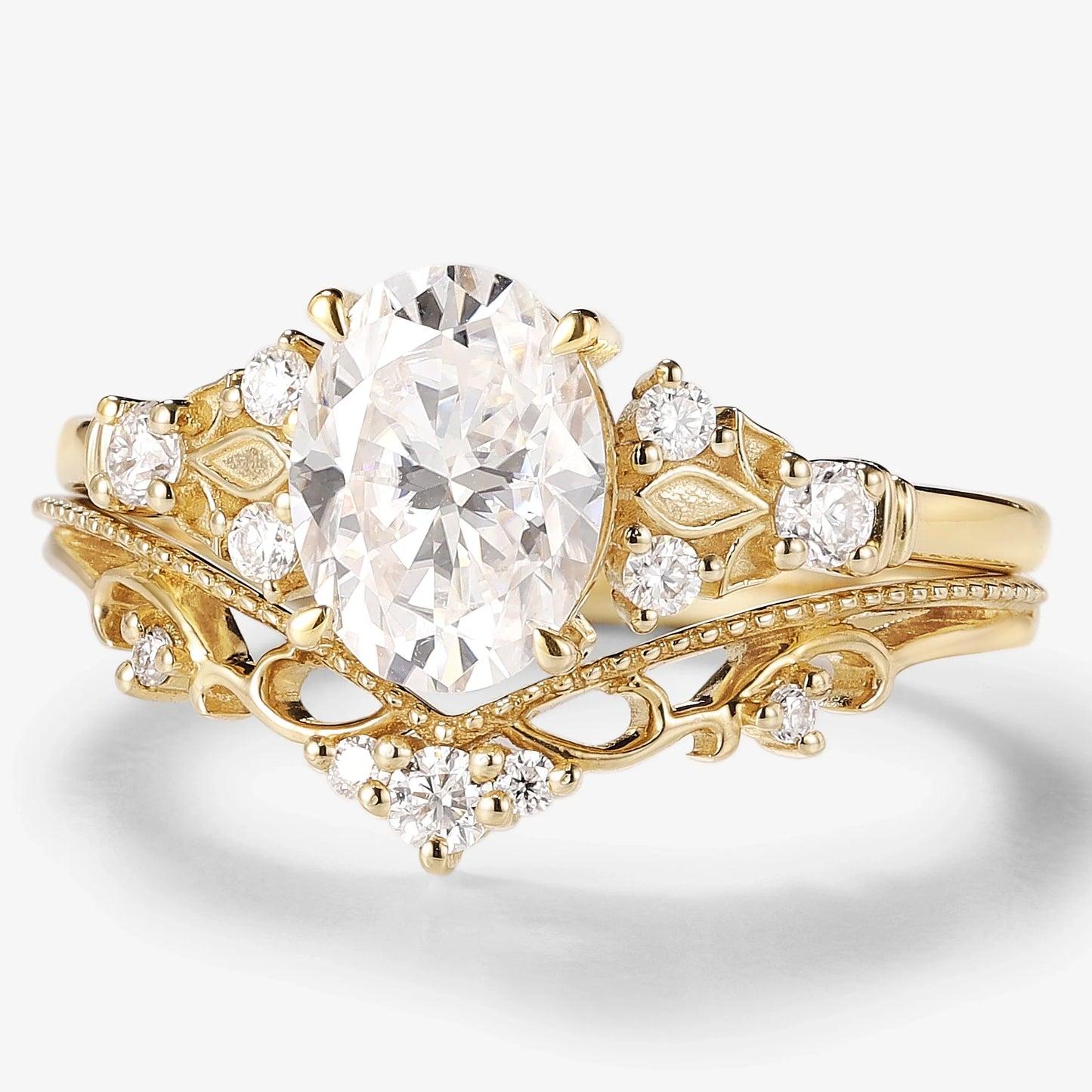 Oval Moissanite Engagement Ring Curved Wedding Band 2pcs