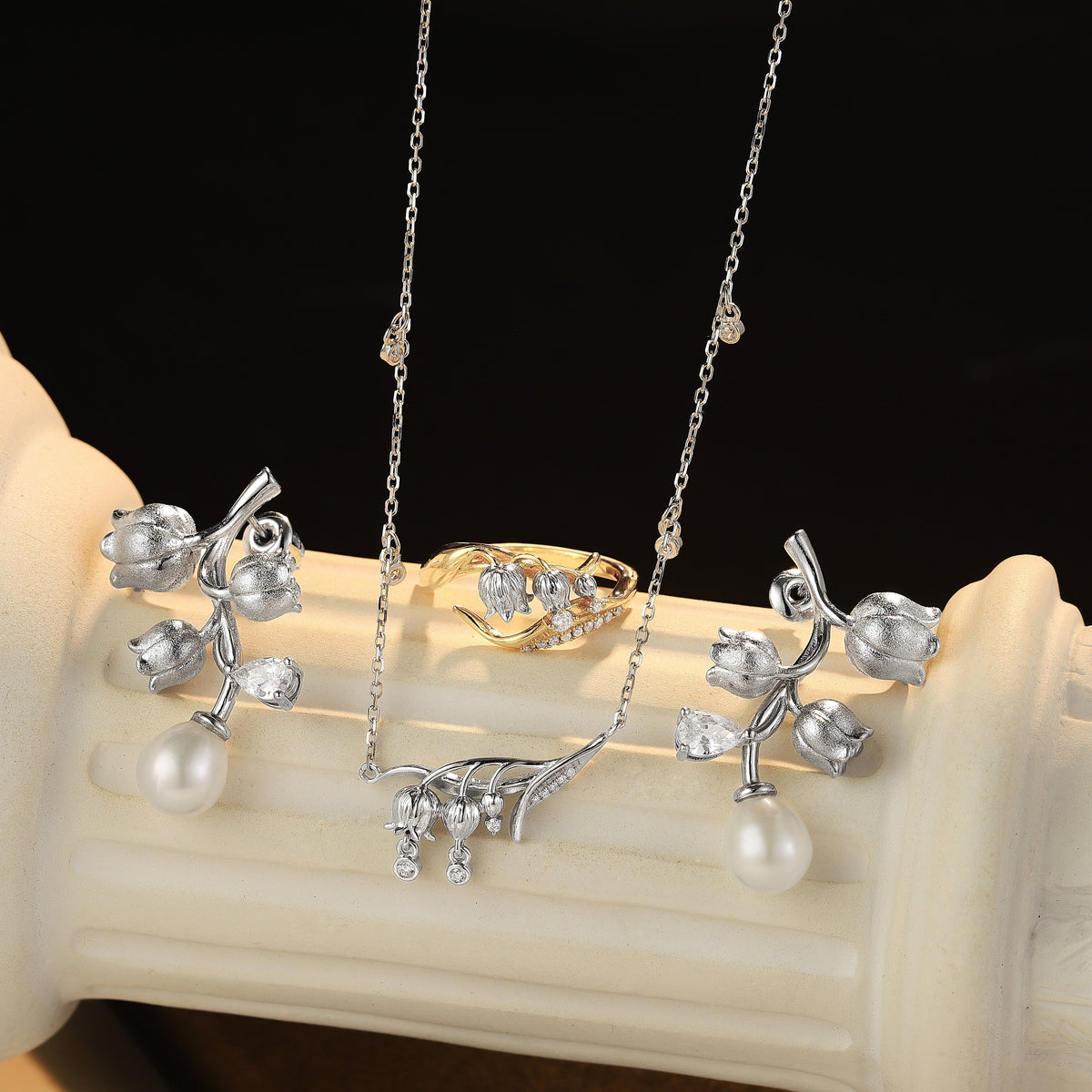 Nature Inspired Lily of the Valley Jewelry Sets – Elegant Ring, Earrings & Necklace