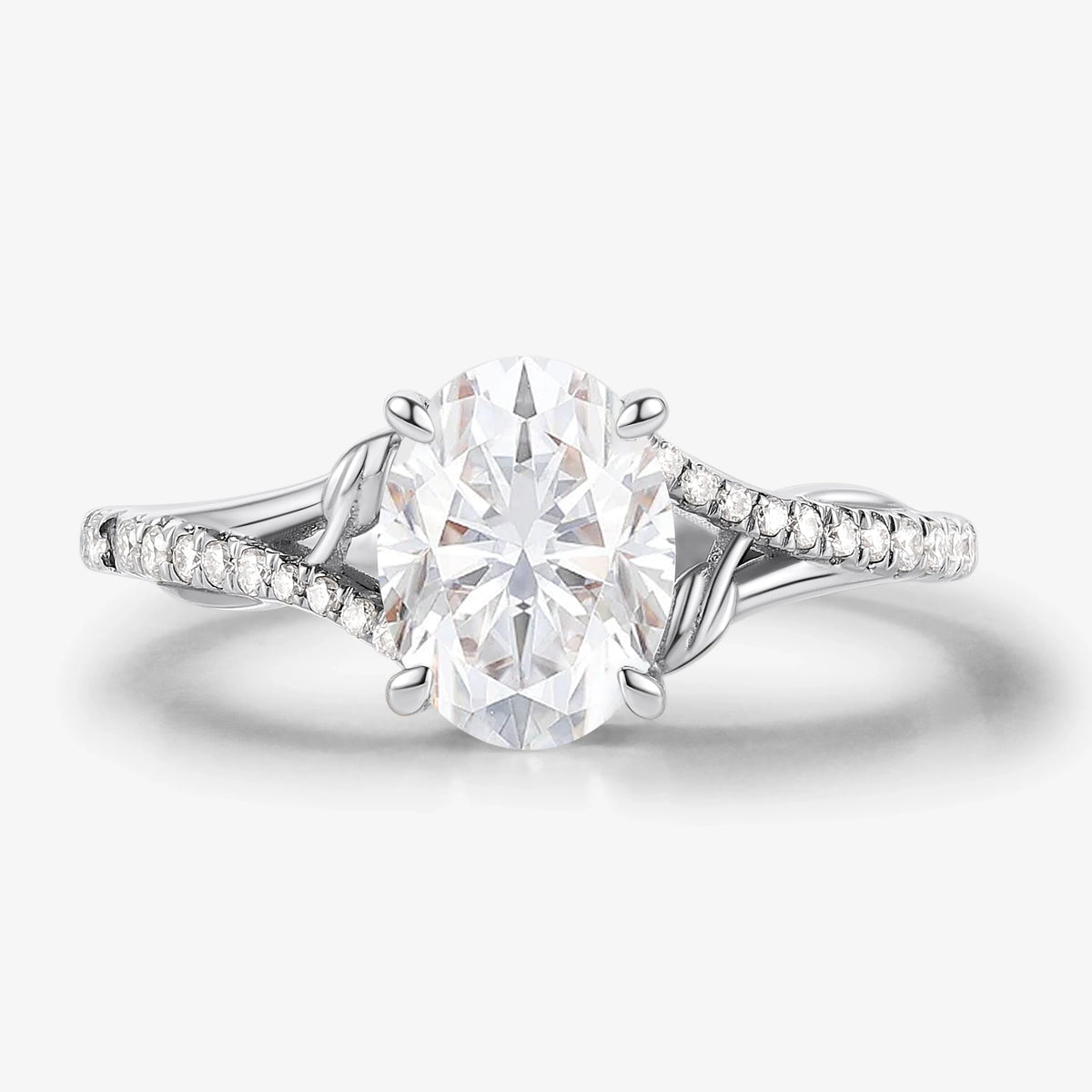 Nature-Inspired Leaf Half Pavé Oval Cut Moissanite Engagement Ring