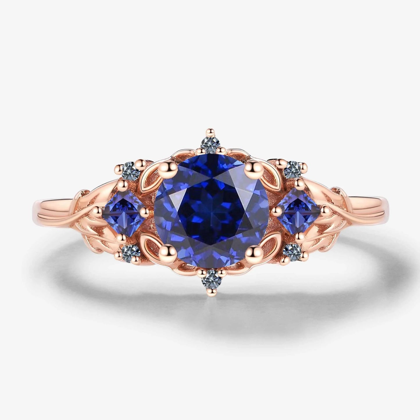 Vintage Leaf Stackable Round Royal Sapphire Engagement Ring
