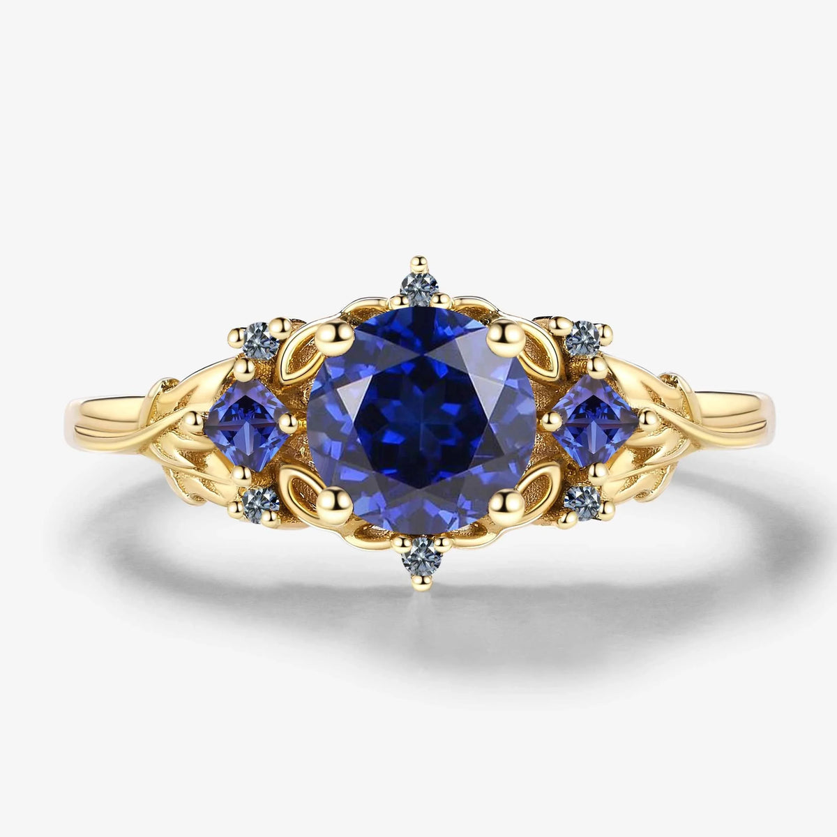 Vintage Leaf Stackable Round Royal Sapphire Engagement Ring
