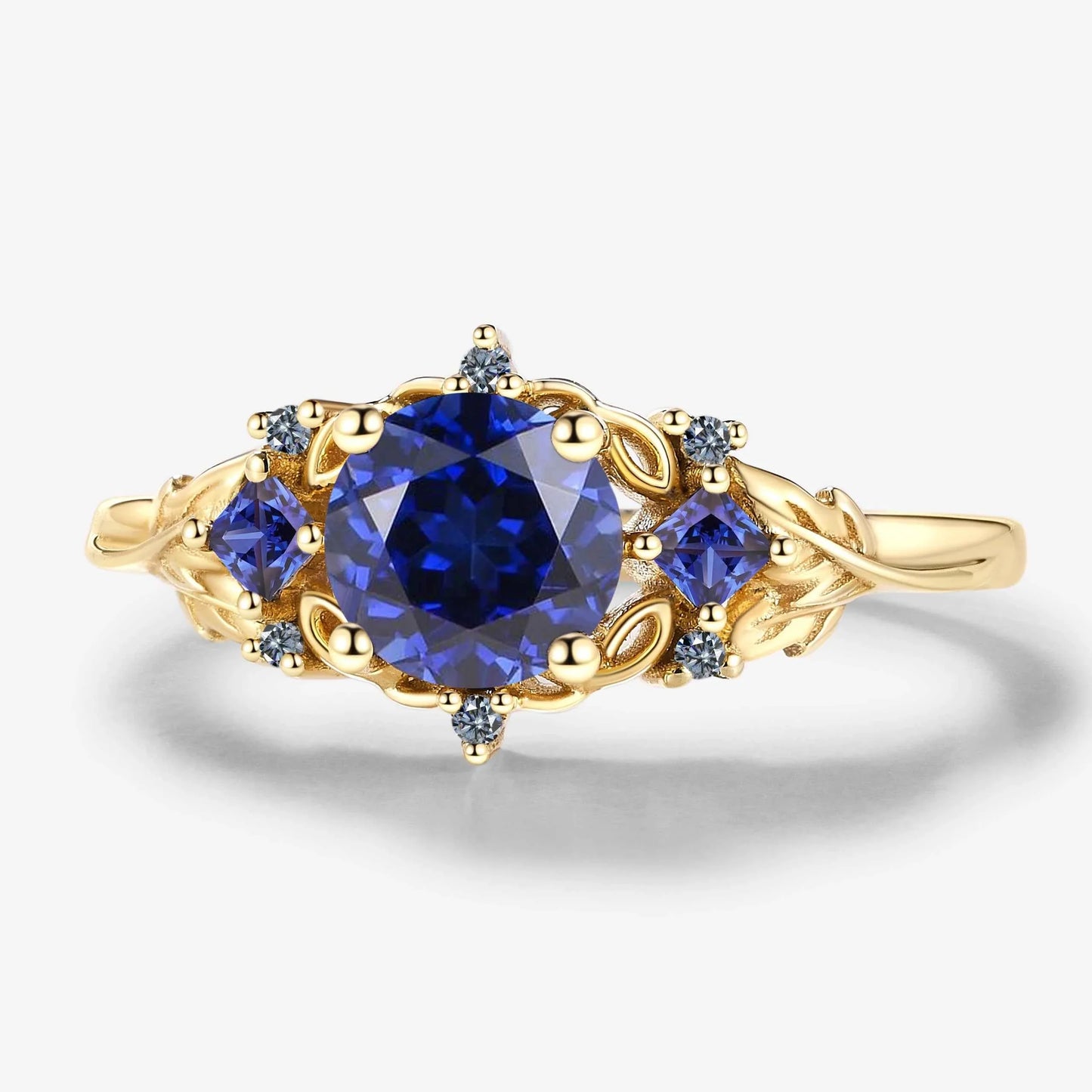 Vintage Leaf Stackable Round Royal Sapphire Engagement Ring