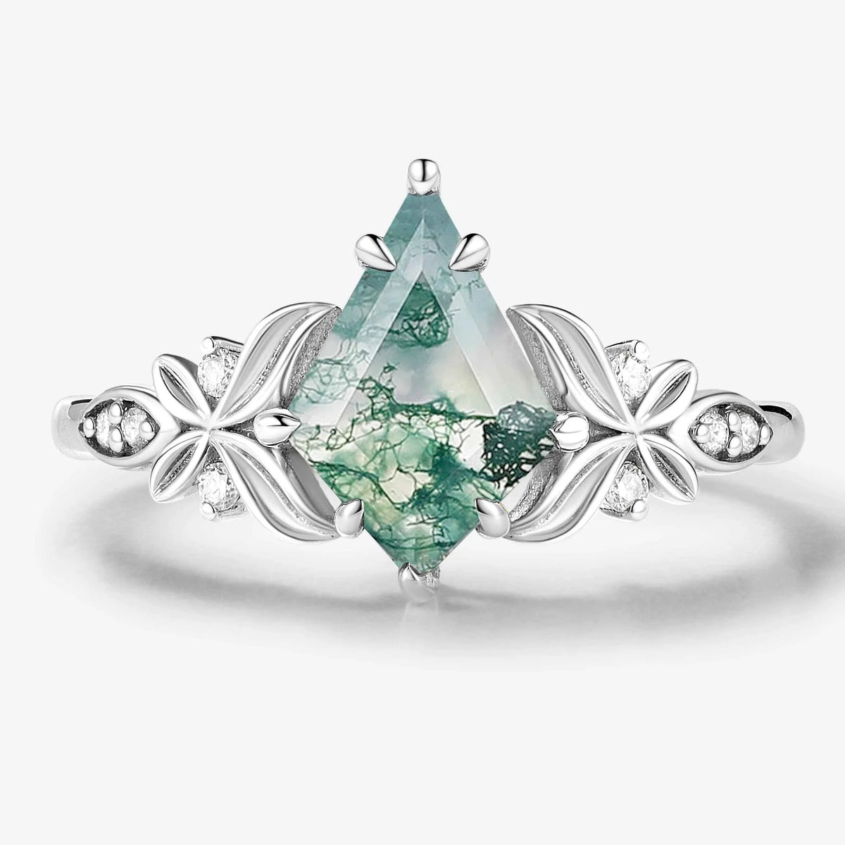 Vintage Milgrain Band Kite-Cut Moss Agate Engagement Ring