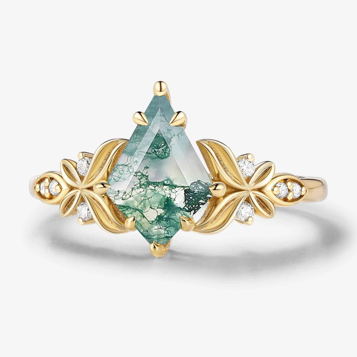 Vintage Milgrain Band Kite-Cut Moss Agate Engagement Ring