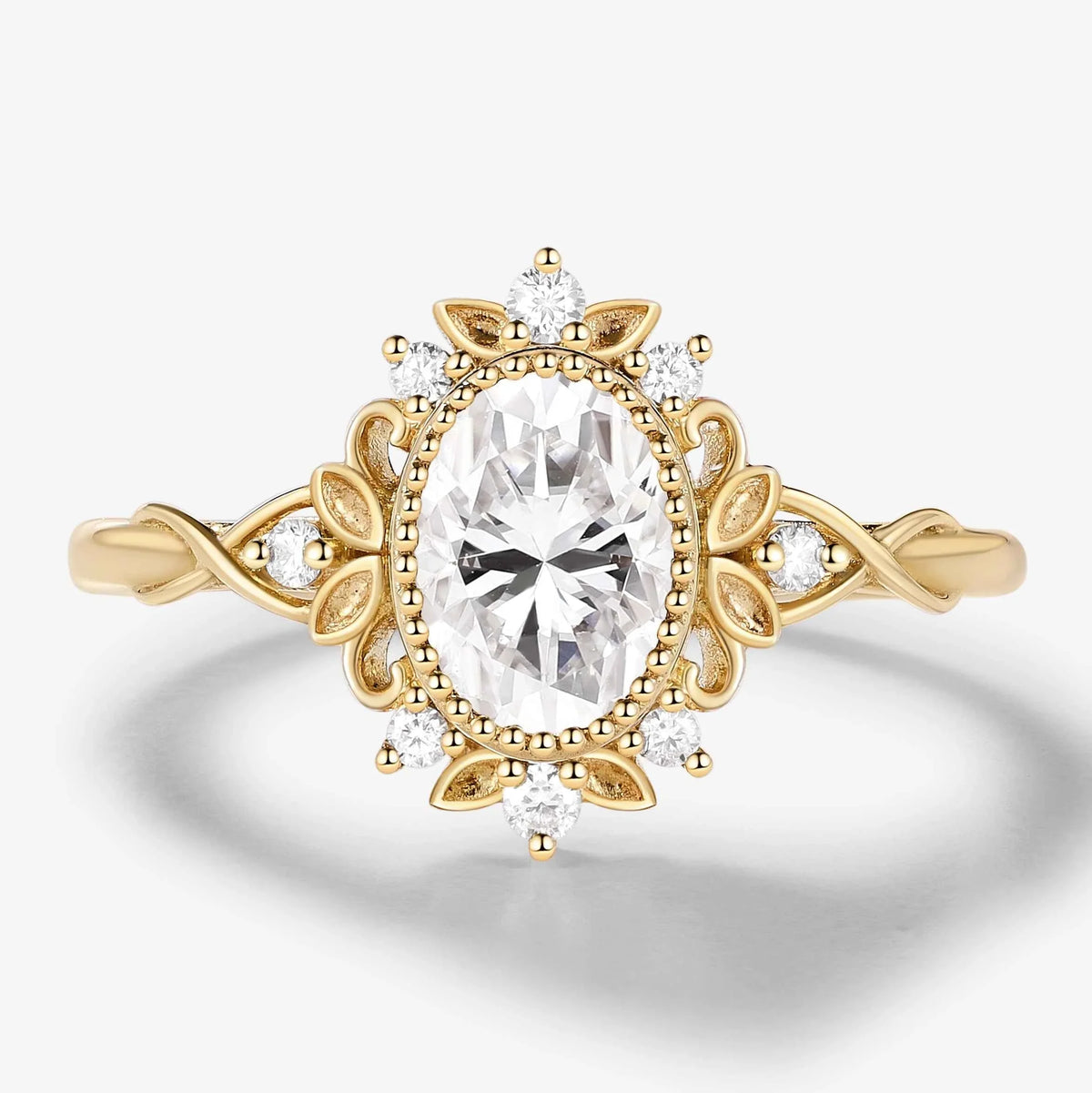 Vintage Leaf-Inspired Bezel Set Oval Cut Moissanite Engagement Ring