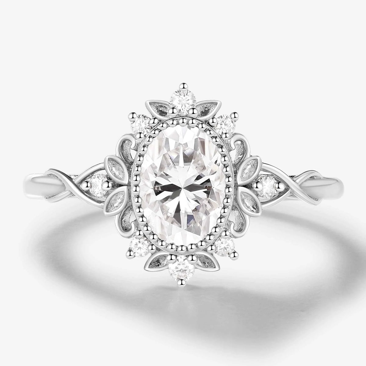 Vintage Leaf-Inspired Bezel Set Oval Cut Moissanite Engagement Ring
