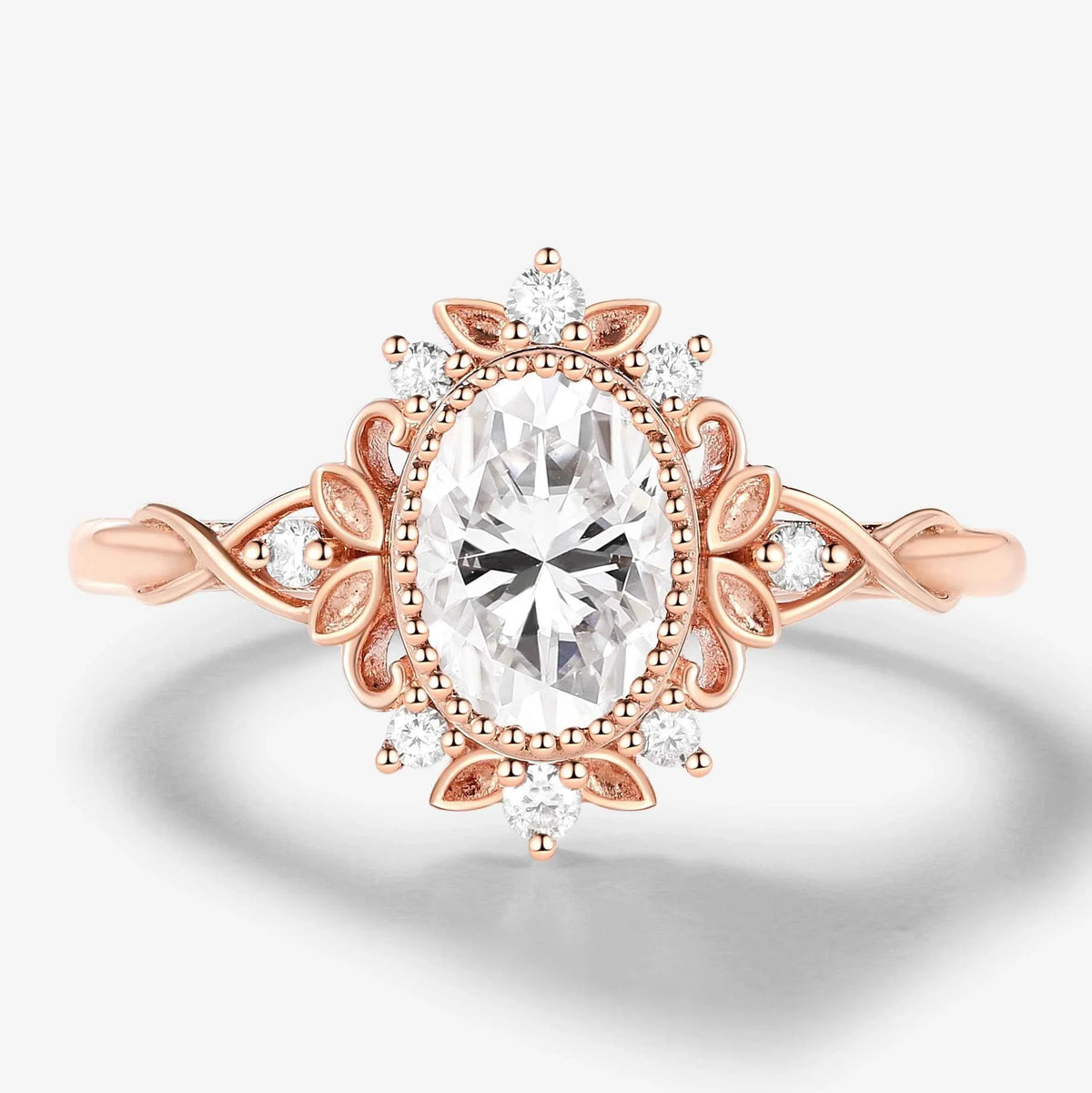 Vintage Leaf-Inspired Bezel Set Oval Cut Moissanite Engagement Ring