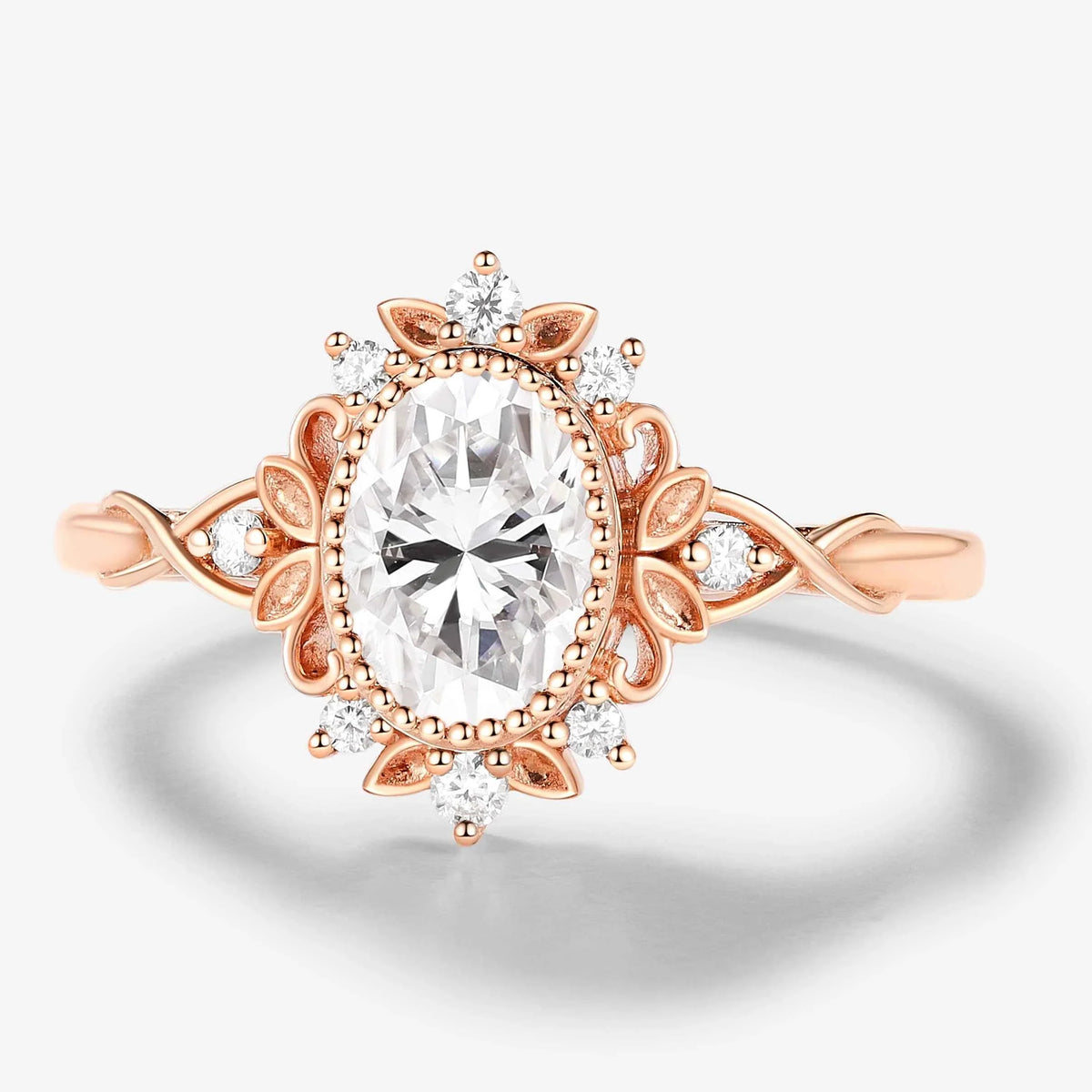 Vintage Leaf-Inspired Bezel Set Oval Cut Moissanite Engagement Ring