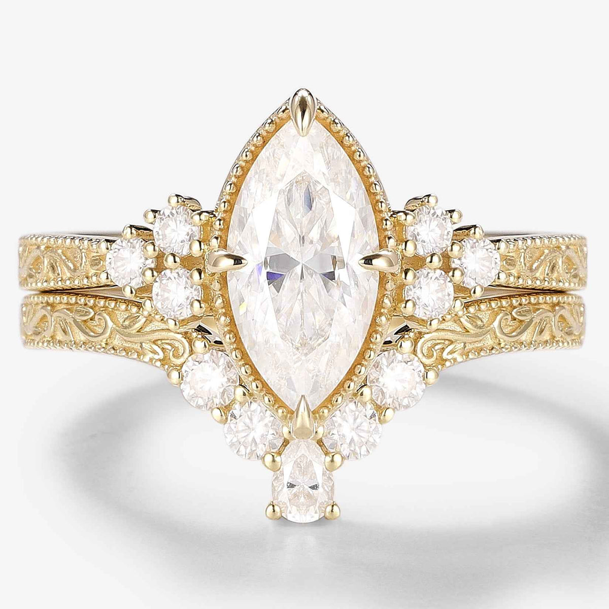 Marquise Cut Moissanite Vintage Victorian Style Engagement Ring Sets 2pcs