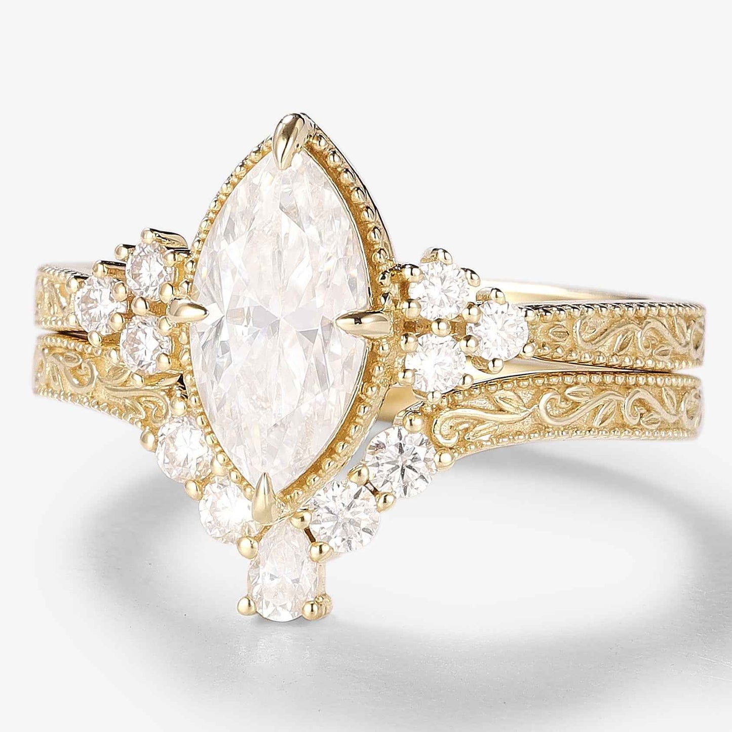Marquise Cut Moissanite Vintage Victorian Style Engagement Ring Sets 2pcs