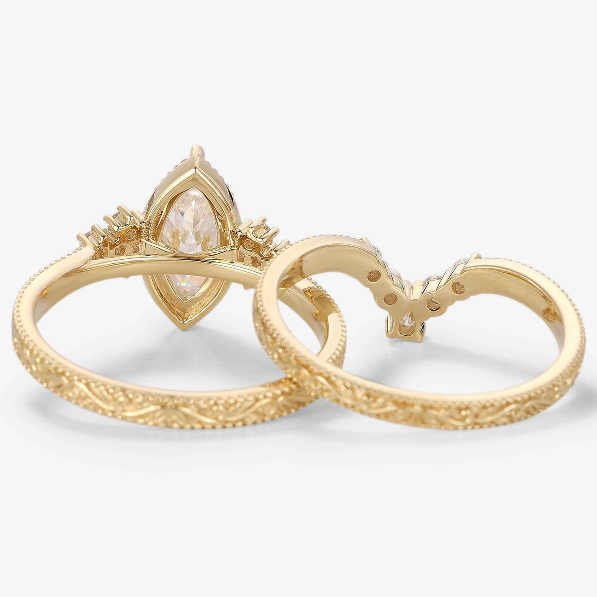 Marquise Cut Moissanite Vintage Victorian Style Engagement Ring Sets 2pcs
