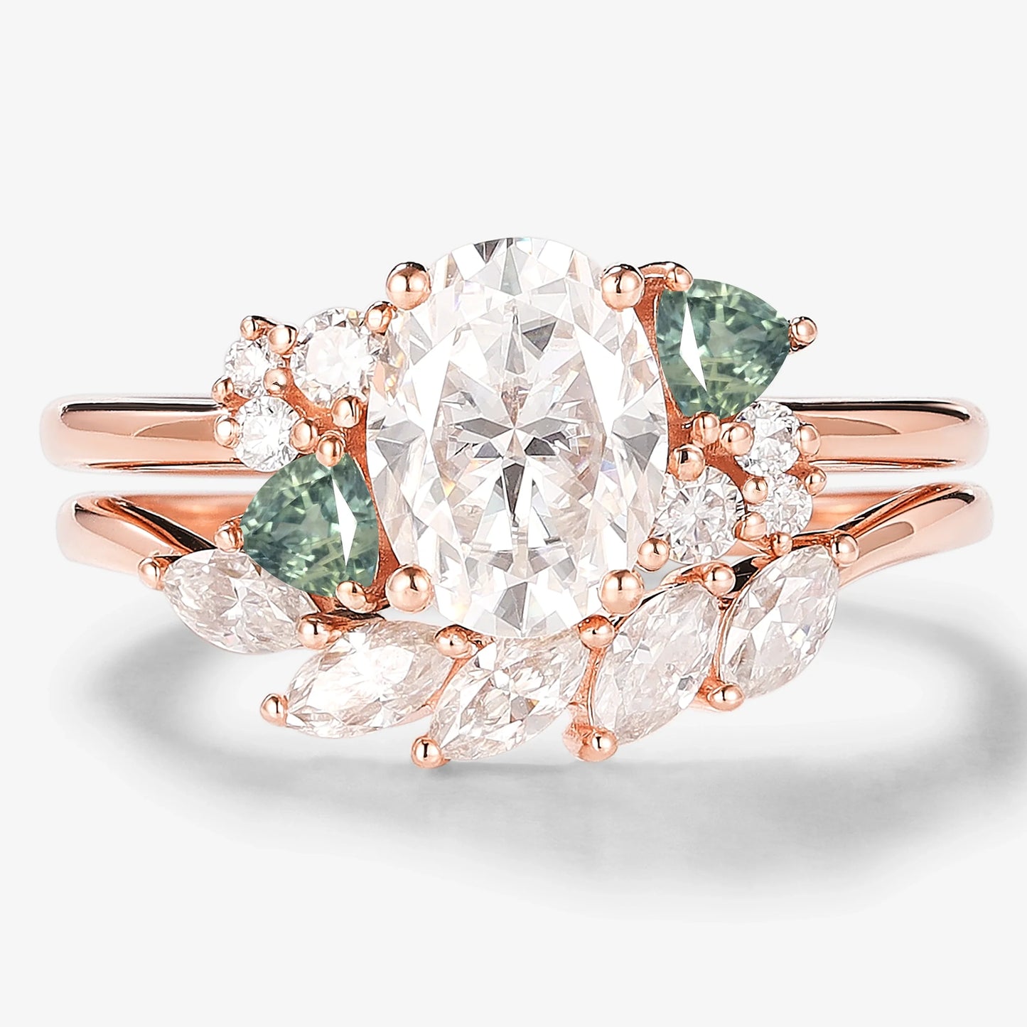 Oval Moissanite With Trangle Spinel Cluster Bridal Set 2pcs
