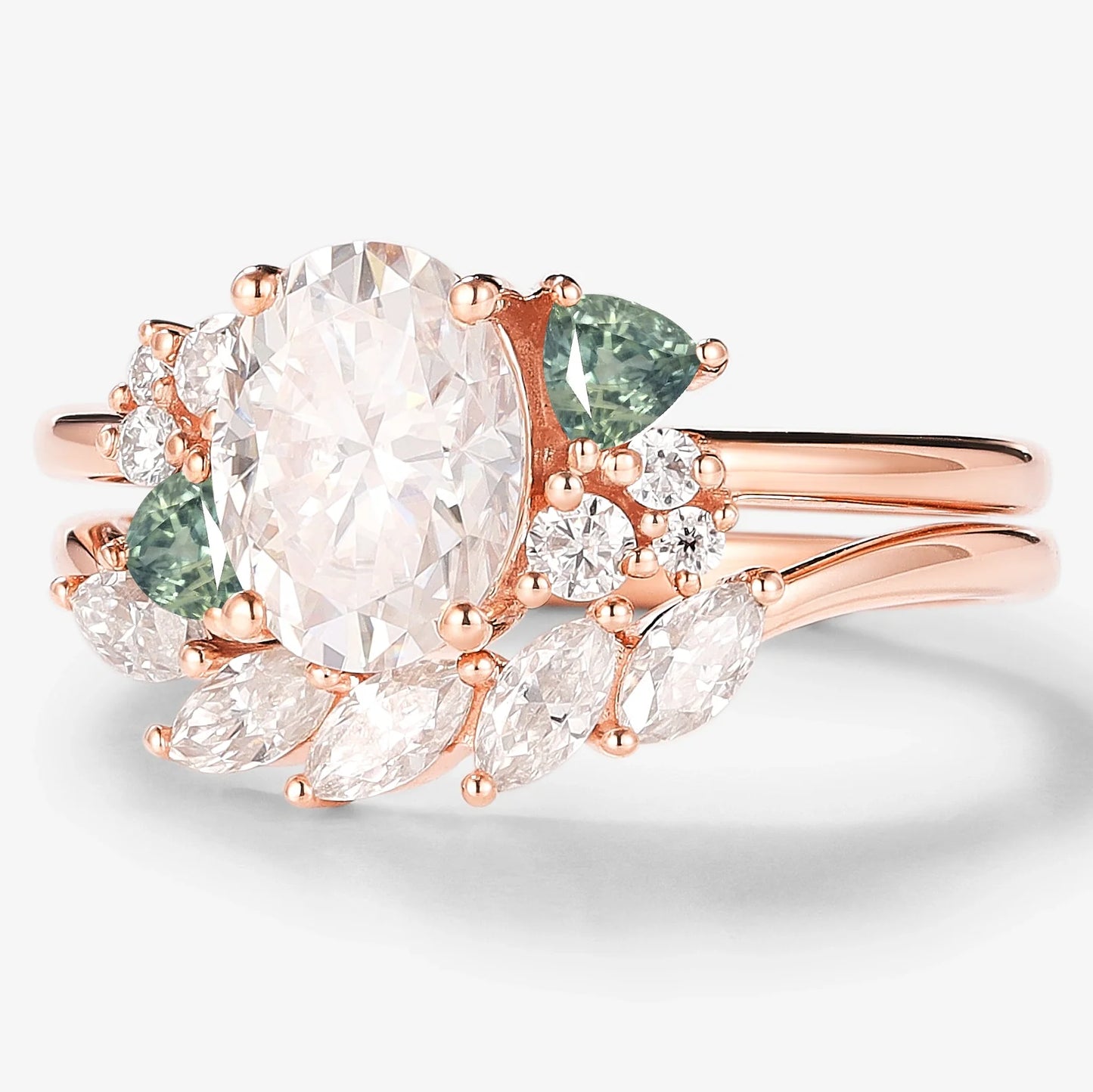 Oval Moissanite With Trangle Spinel Cluster Bridal Set 2pcs