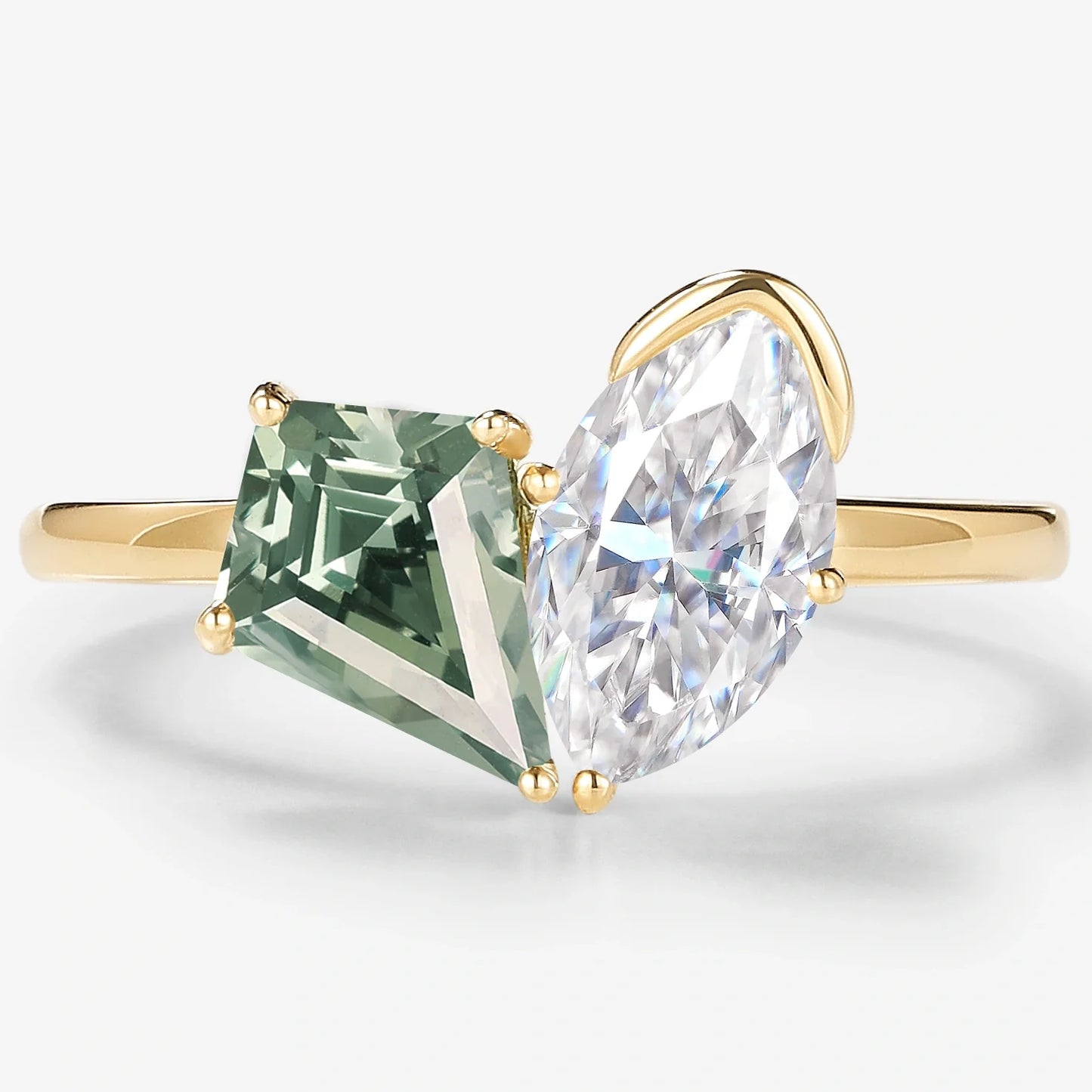 6x8mm Kite Cut Green Sapphire 5x9mm Marquise Moissanite Engagement Ring