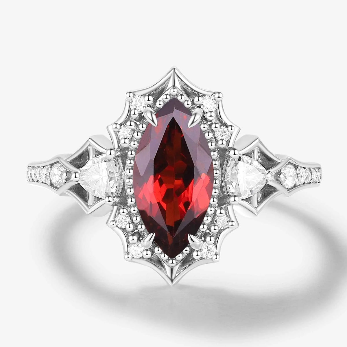 Vintage Halo Bat & Animal Inspired Marquise Cut Garnet Engagement Ring
