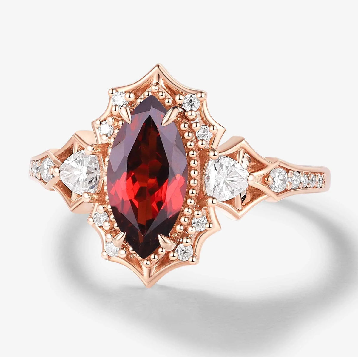 Vintage Halo Bat & Animal Inspired Marquise Cut Garnet Engagement Ring
