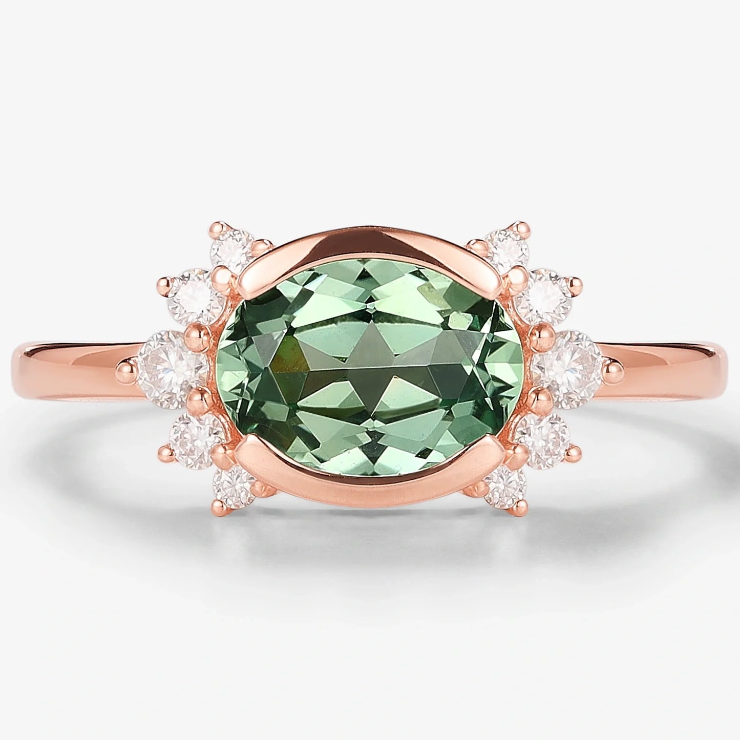 Oval Green Sapphire Half-Bezel Engagement Ring Moissanite Cluster