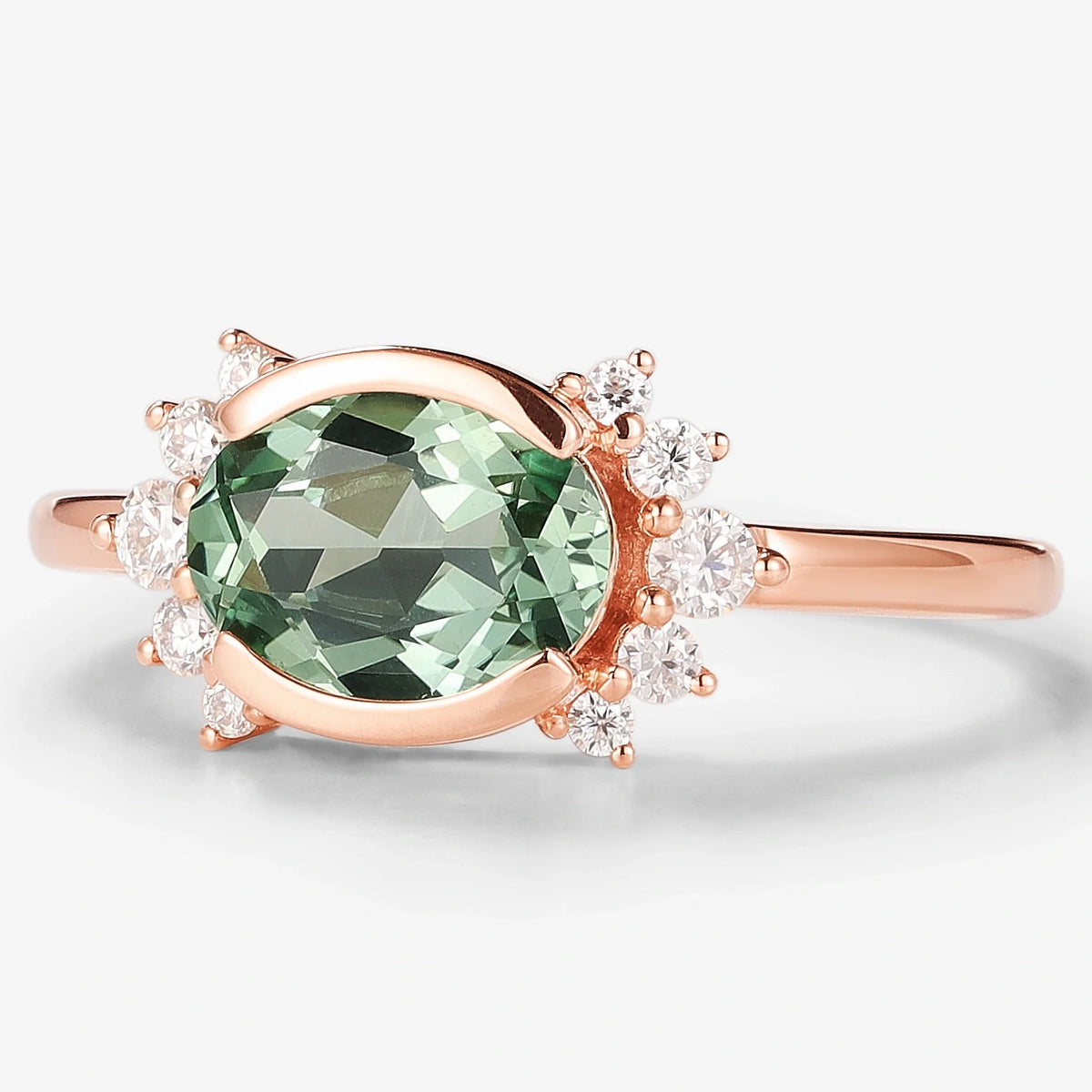 Oval Green Sapphire Half-Bezel Engagement Ring Moissanite Cluster