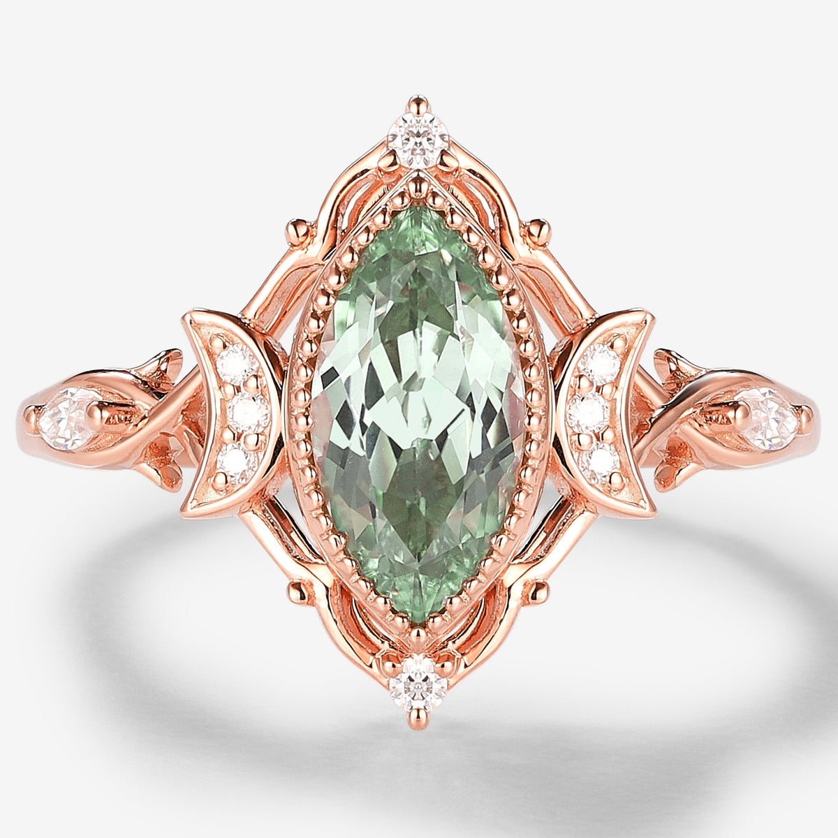 Marquise Green Sapphire Engagement Ring With Moon
