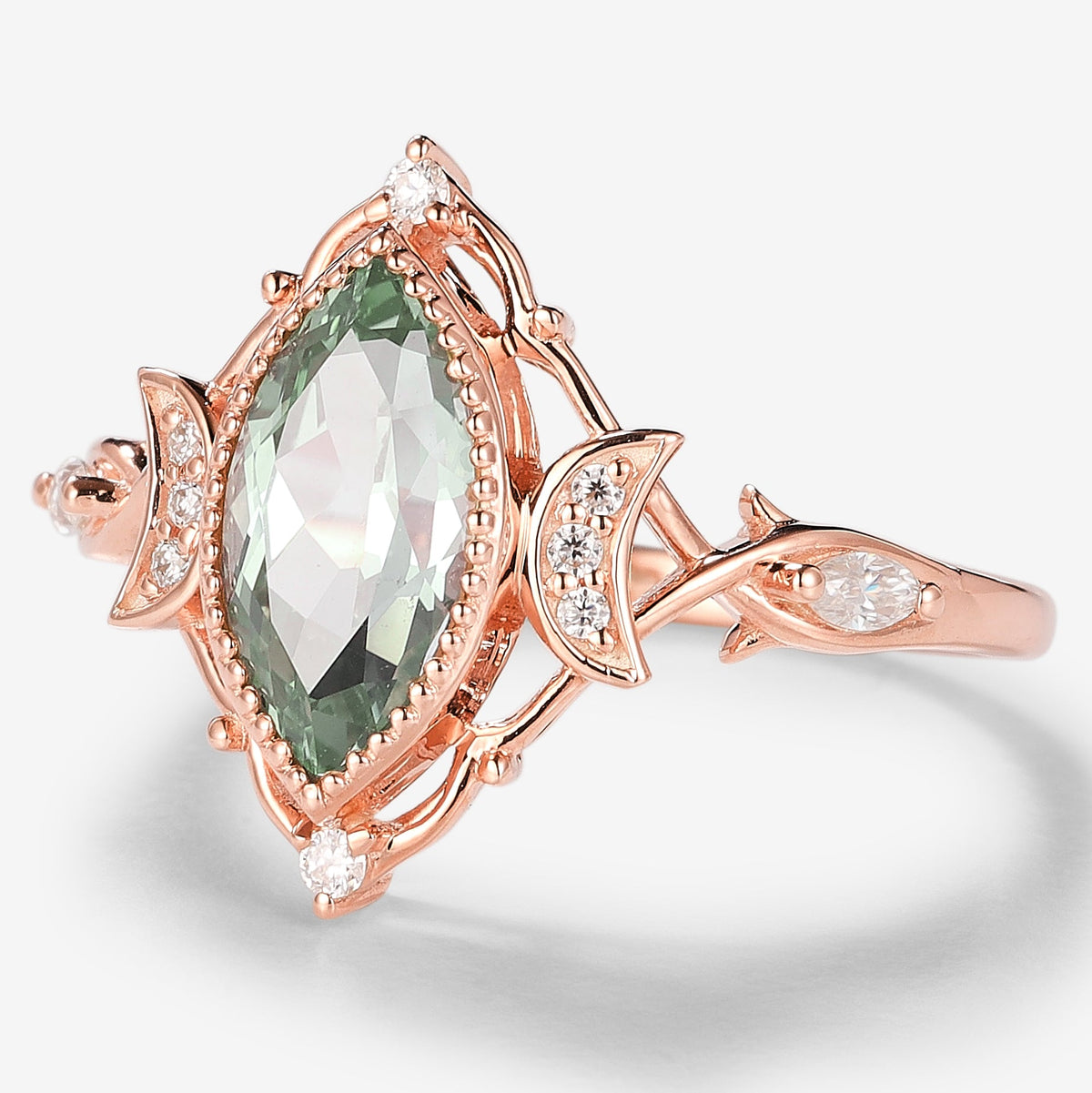Marquise Green Sapphire Engagement Ring With Moon