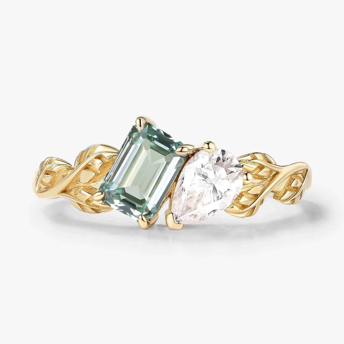 Custom Nature Inspired Leaf 2-Stone Toi et Moi Engagement Ring For Nephi