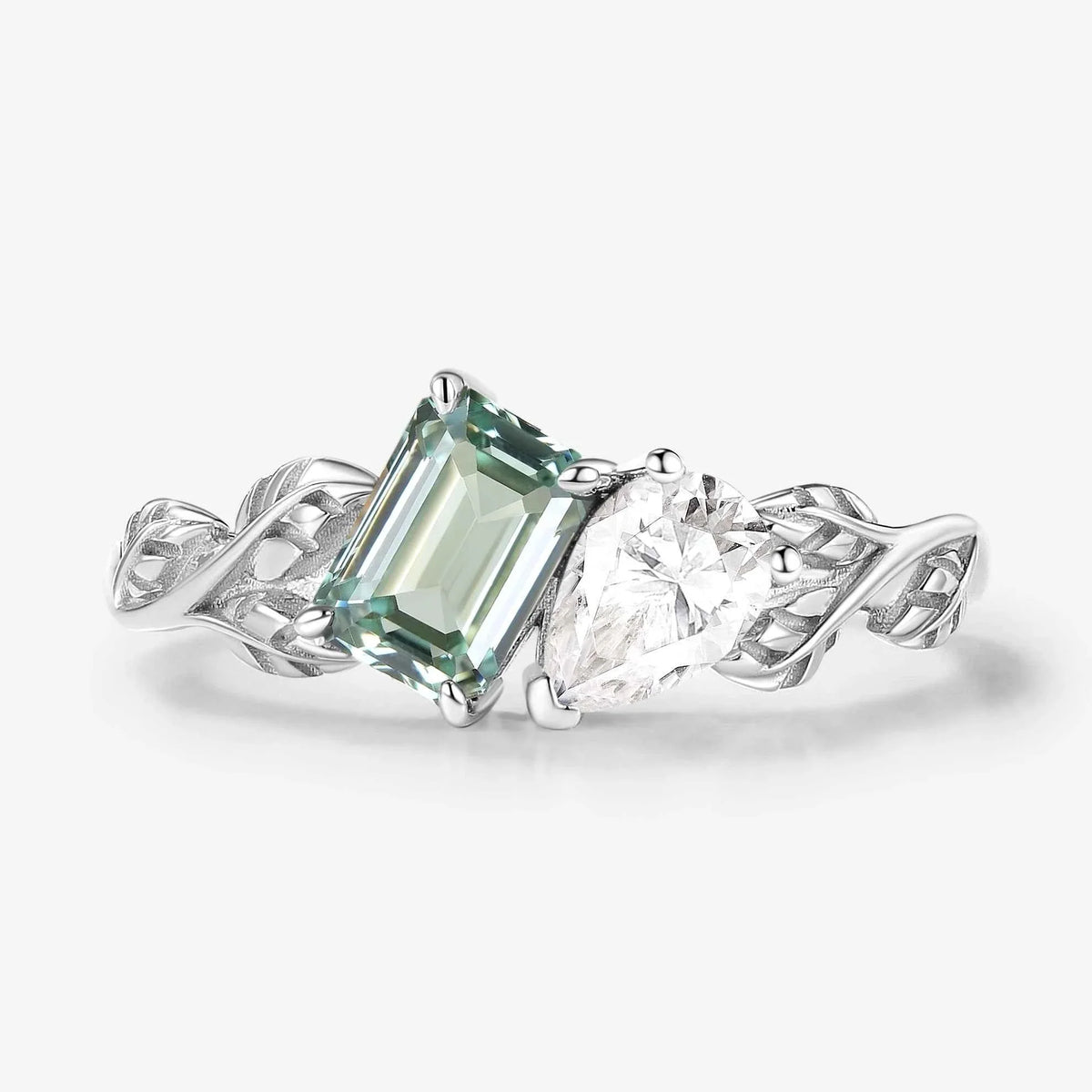 Custom Nature Inspired Leaf 2-Stone Toi et Moi Engagement Ring For Nephi
