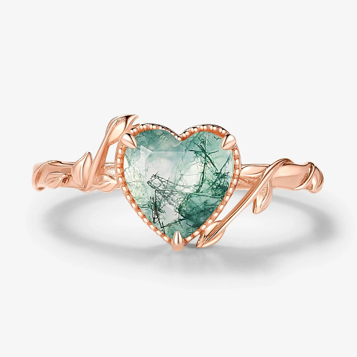 Heart Cut Nature Inspired Leafy Moss Agate Ring Engagement Ring