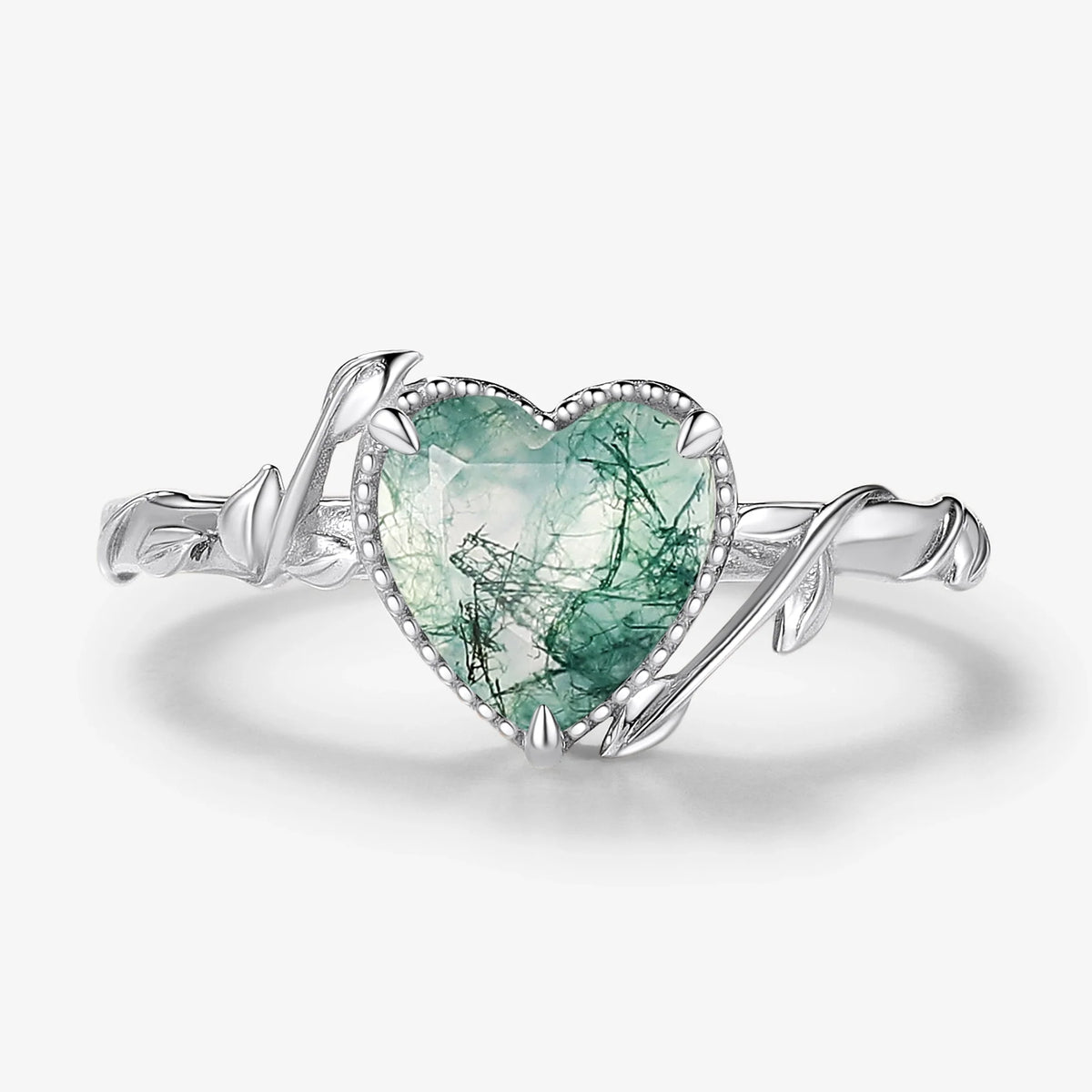 Heart Cut Nature Inspired Leafy Moss Agate Ring Engagement Ring