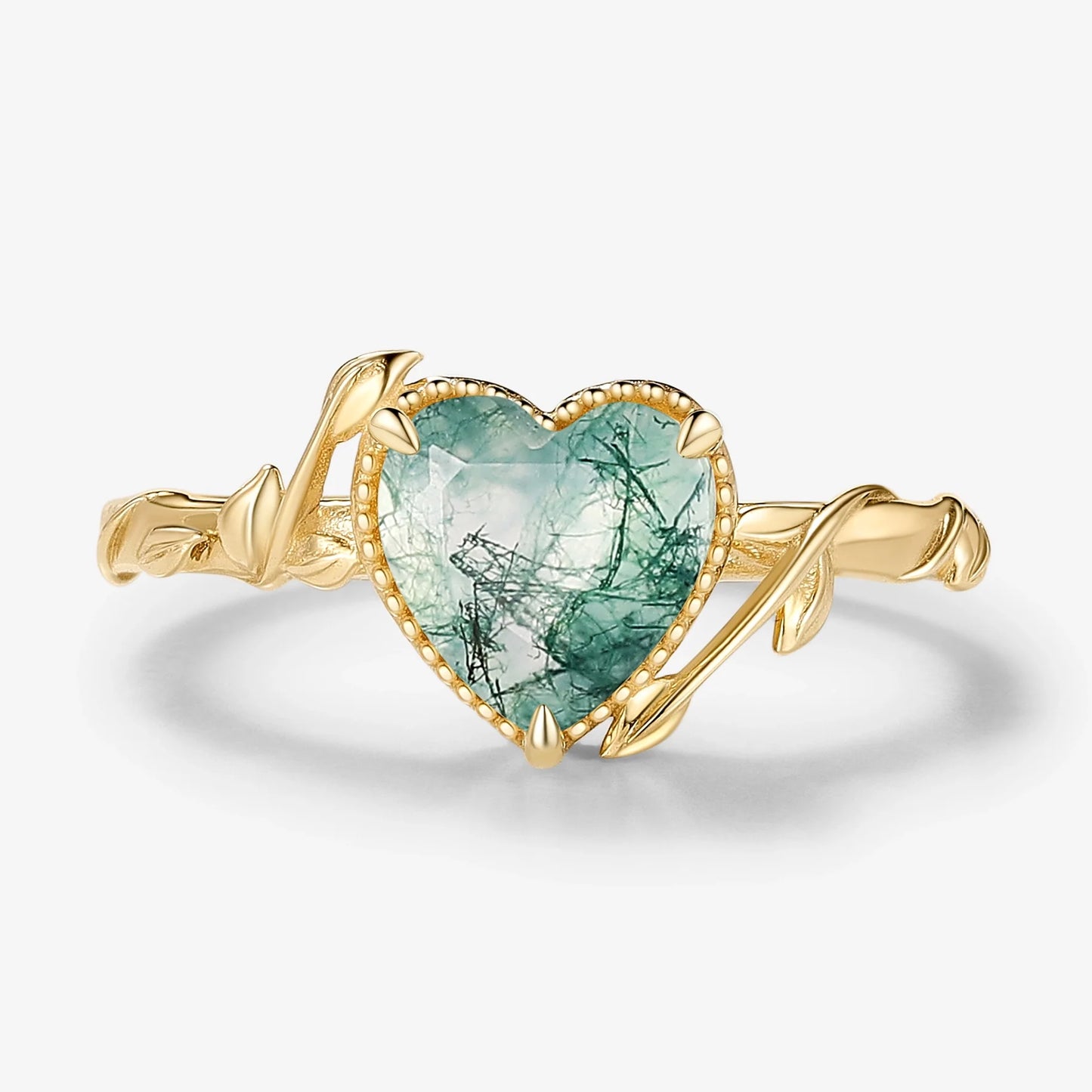 Heart Cut Nature Inspired Leafy Moss Agate Ring Engagement Ring