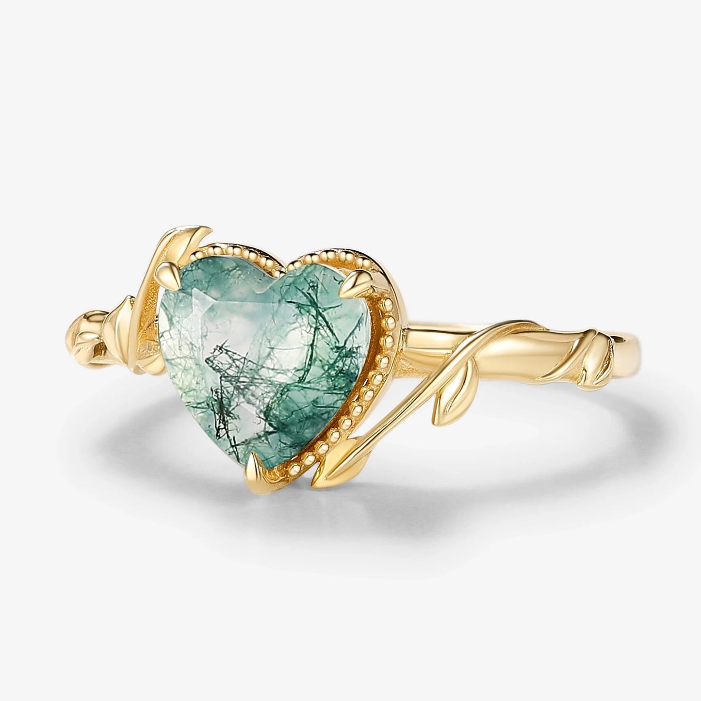 Heart Cut Nature Inspired Leafy Moss Agate Ring Engagement Ring