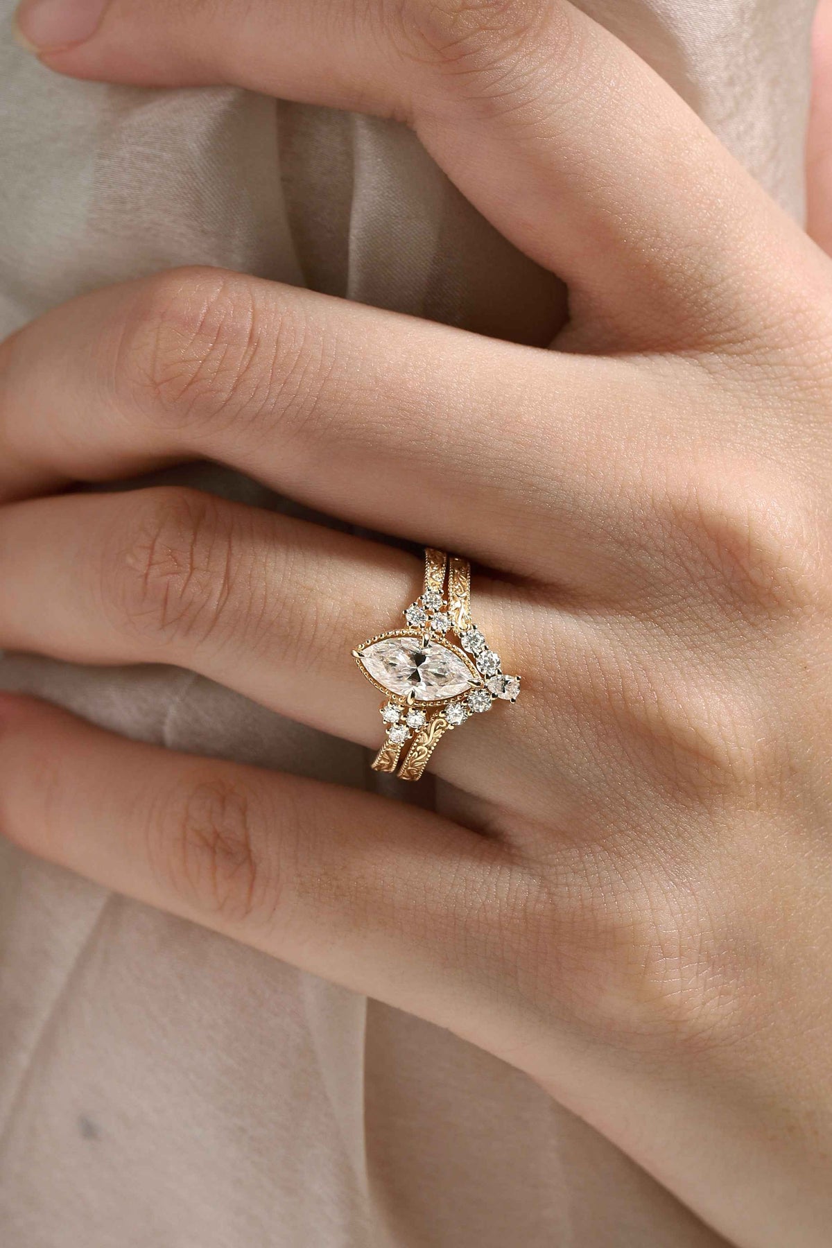 Marquise Cut Moissanite Vintage Victorian Style Engagement Ring Sets 2pcs