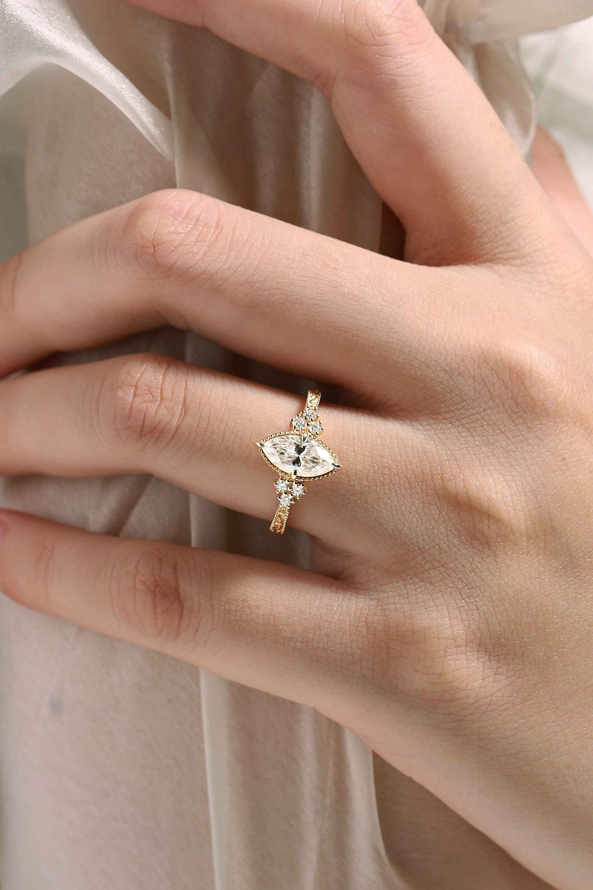 Vintage Victorian Style Marquise Cut Moissanite Engagement Ring