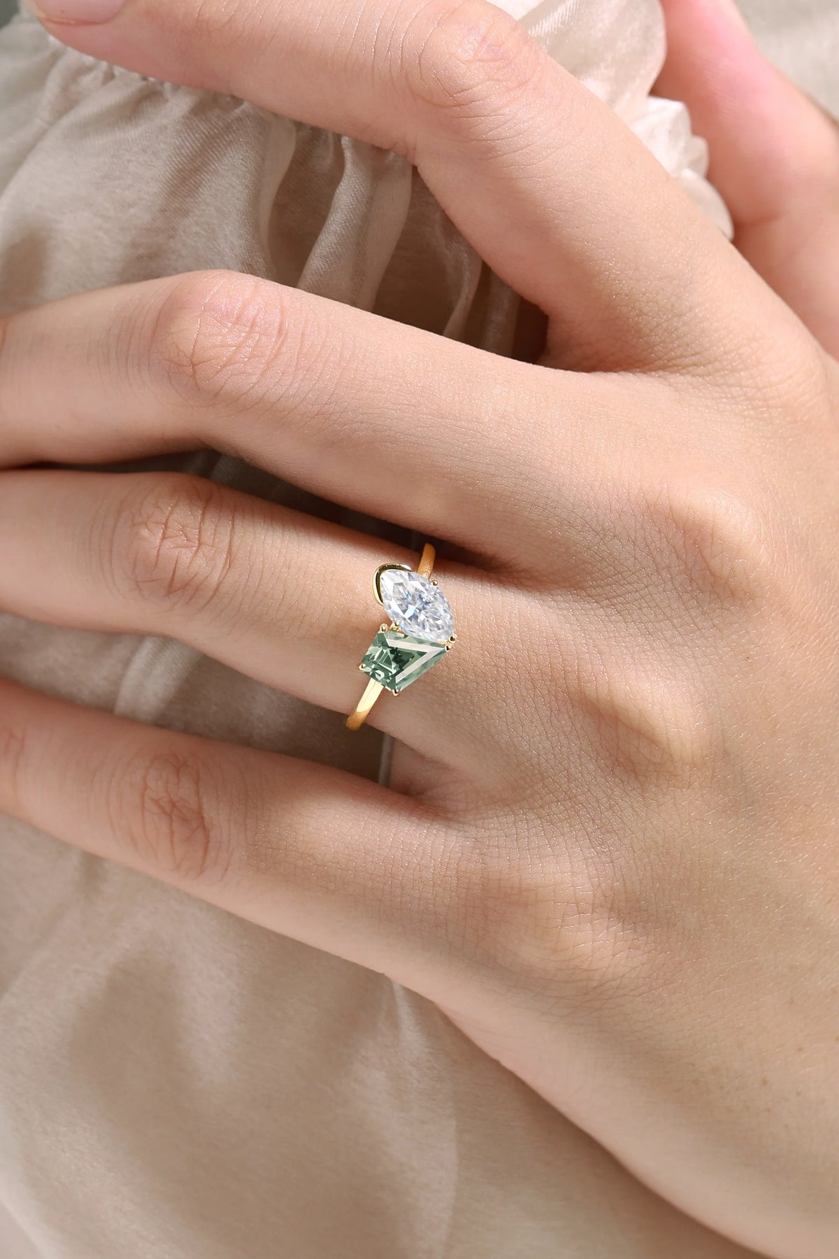 6x8mm Kite Cut Green Sapphire 5x9mm Marquise Moissanite Engagement Ring