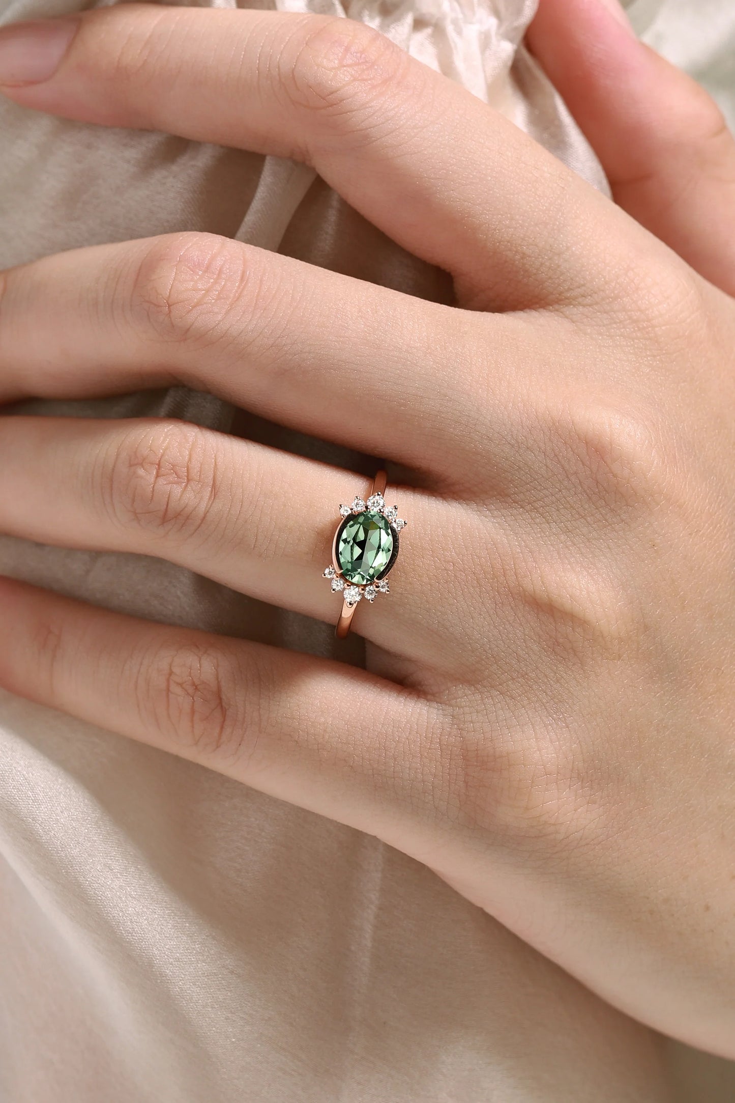 Oval Green Sapphire Half-Bezel Engagement Ring Moissanite Cluster