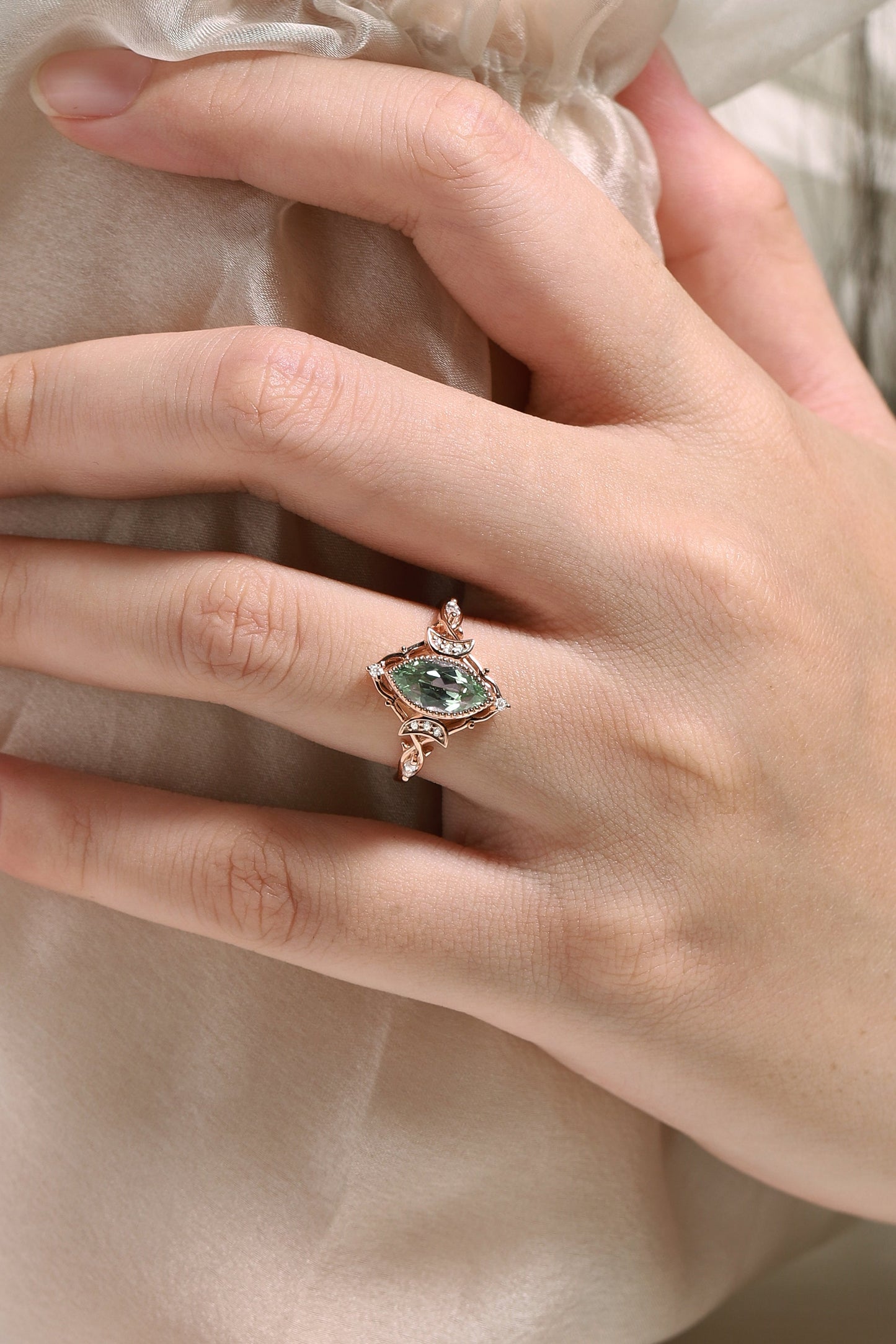 Marquise Green Sapphire Engagement Ring With Moon