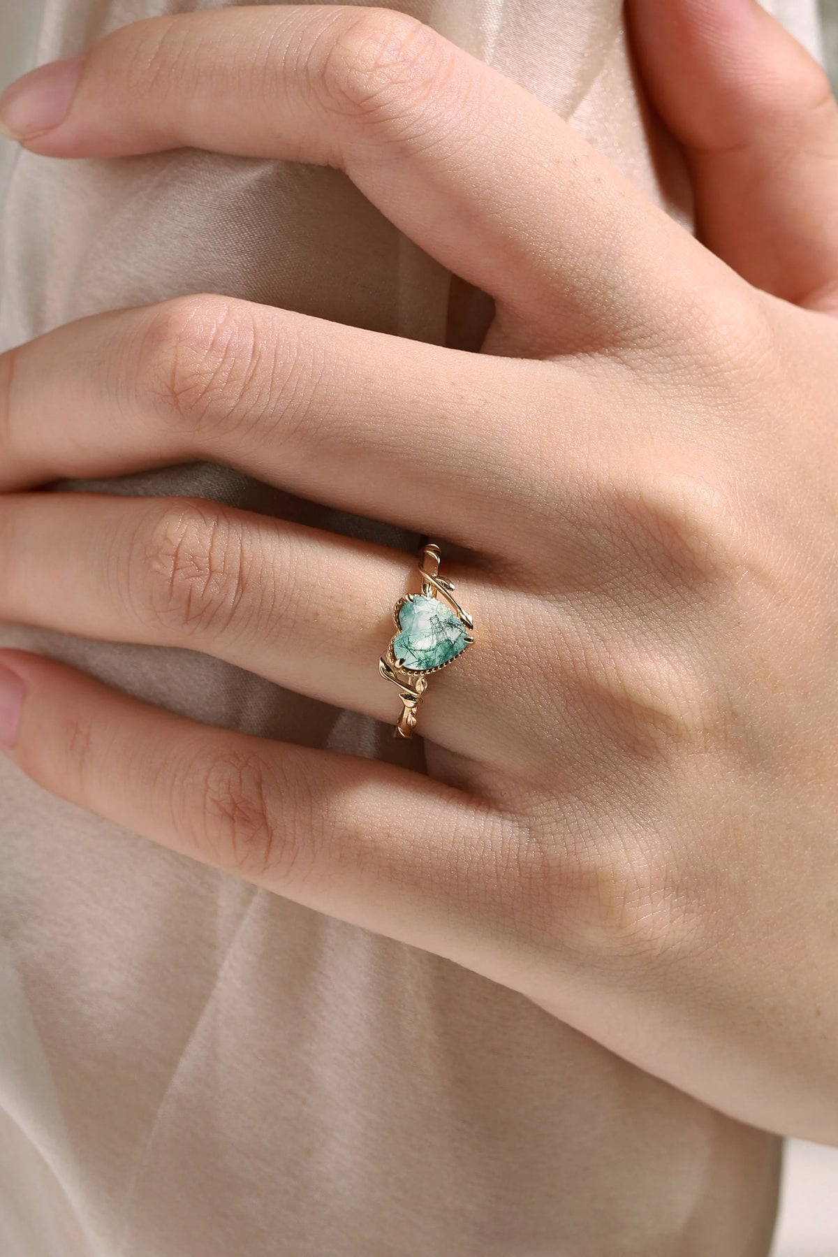 Heart Cut Nature Inspired Leafy Moss Agate Ring Engagement Ring