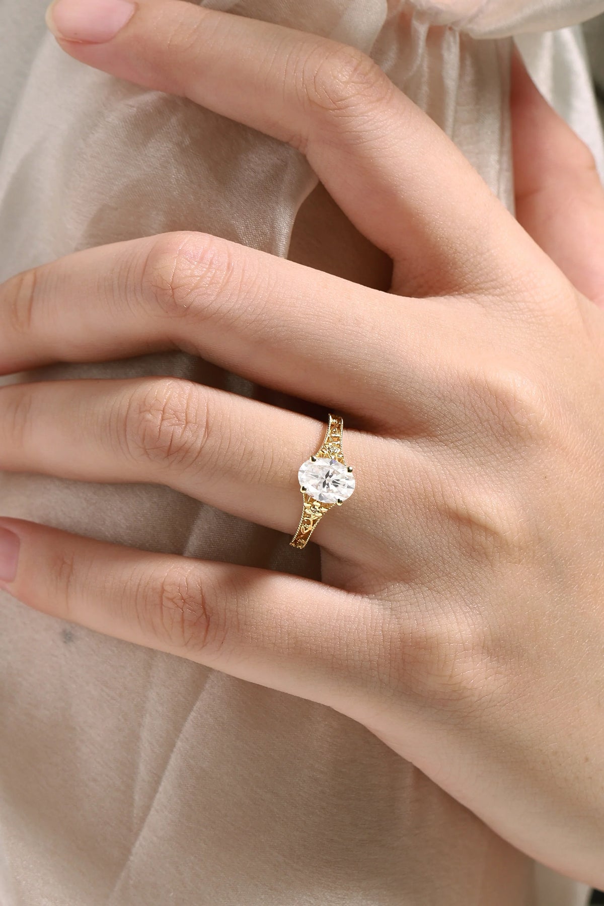 Vintage Victorian Oval Cut Moissanite Flora Engagement Ring