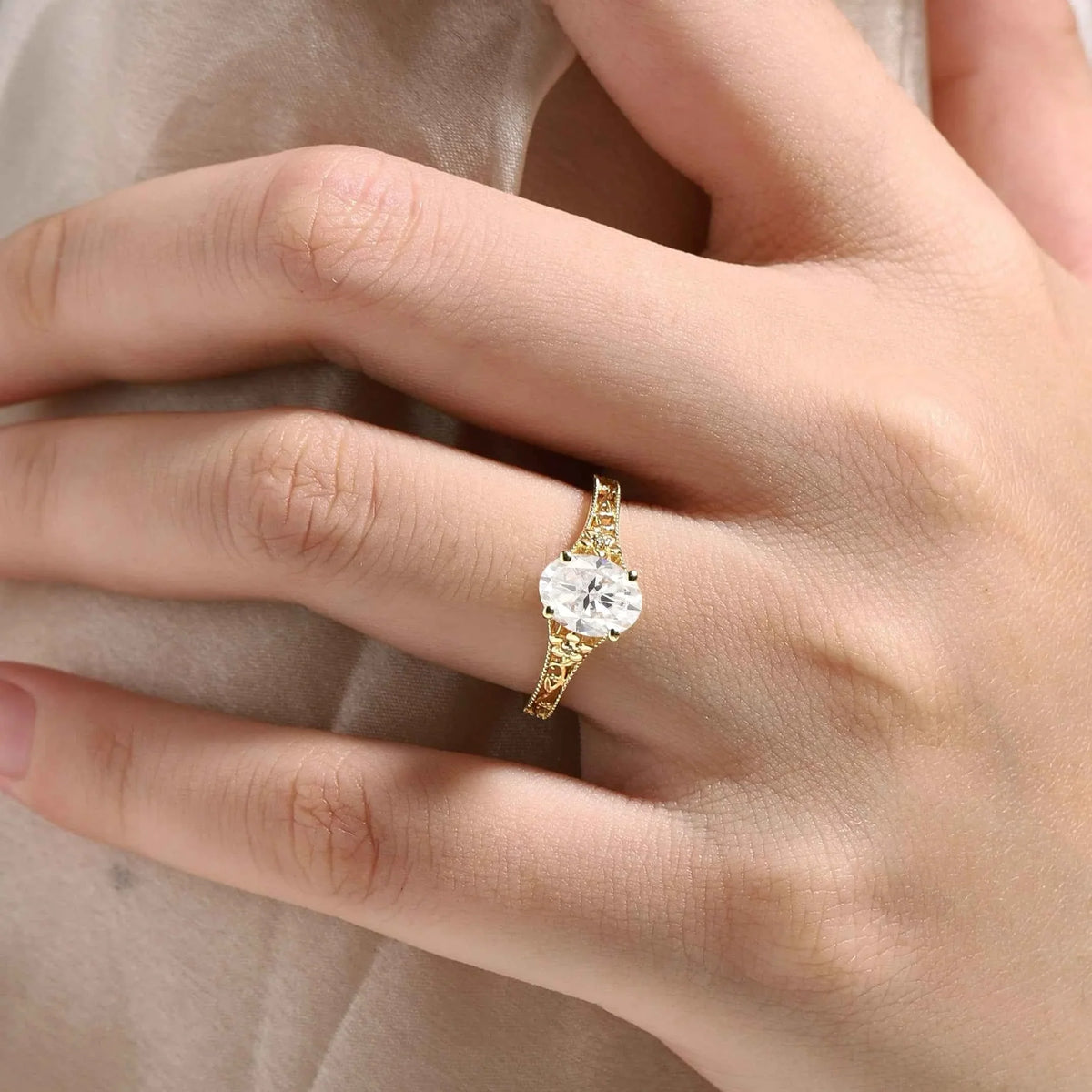 Vintage Oval Cut Moissanite Engagement Ring With Flower