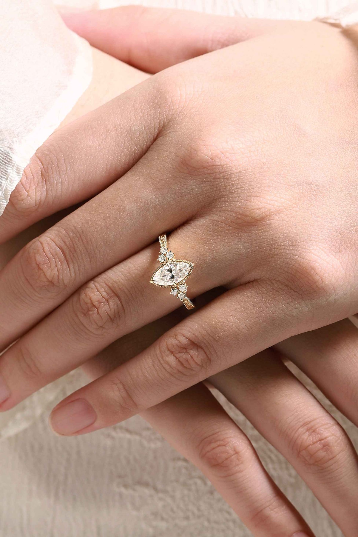 Vintage Victorian Style Marquise Cut Moissanite Engagement Ring