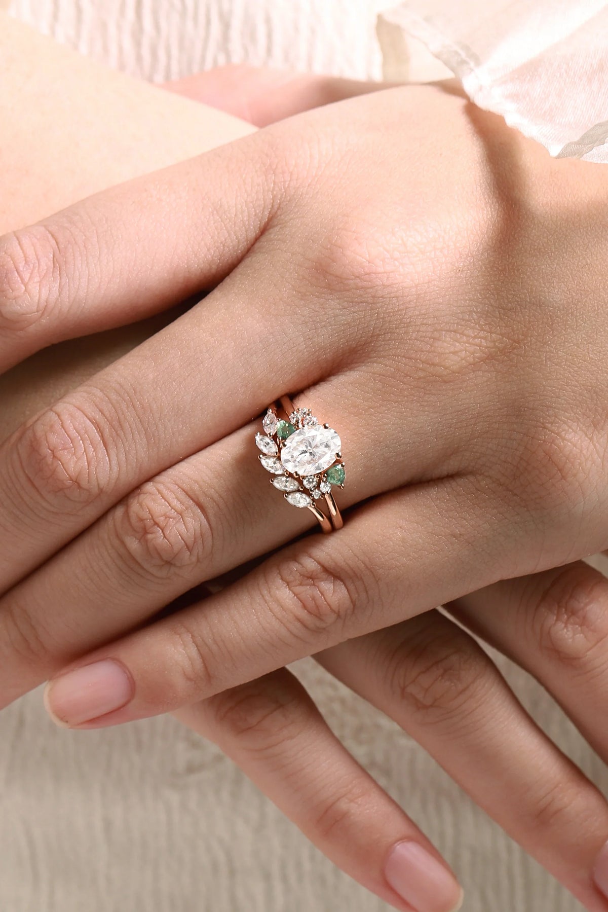 Oval Moissanite With Trangle Spinel Cluster Bridal Set 2pcs