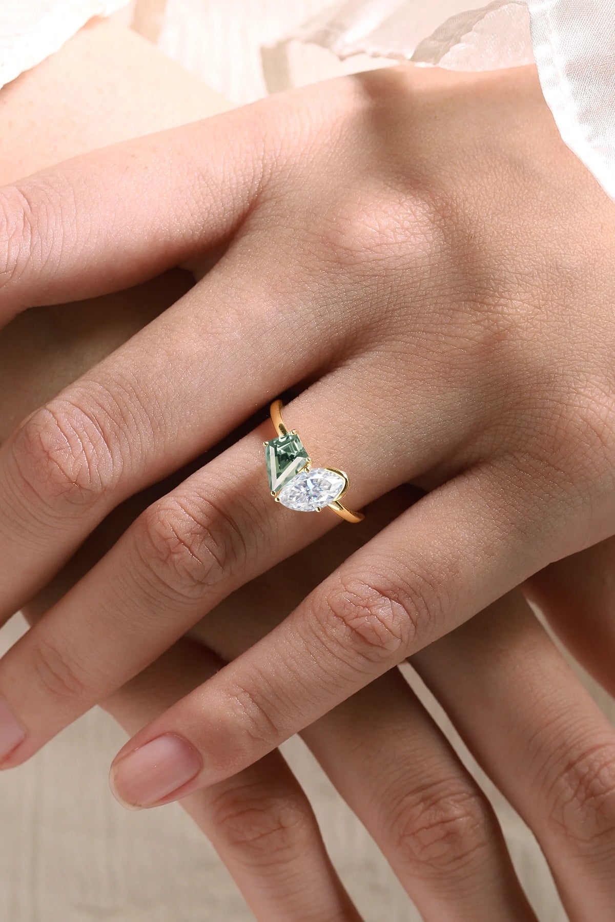 6x8mm Kite Cut Green Sapphire 5x9mm Marquise Moissanite Engagement Ring