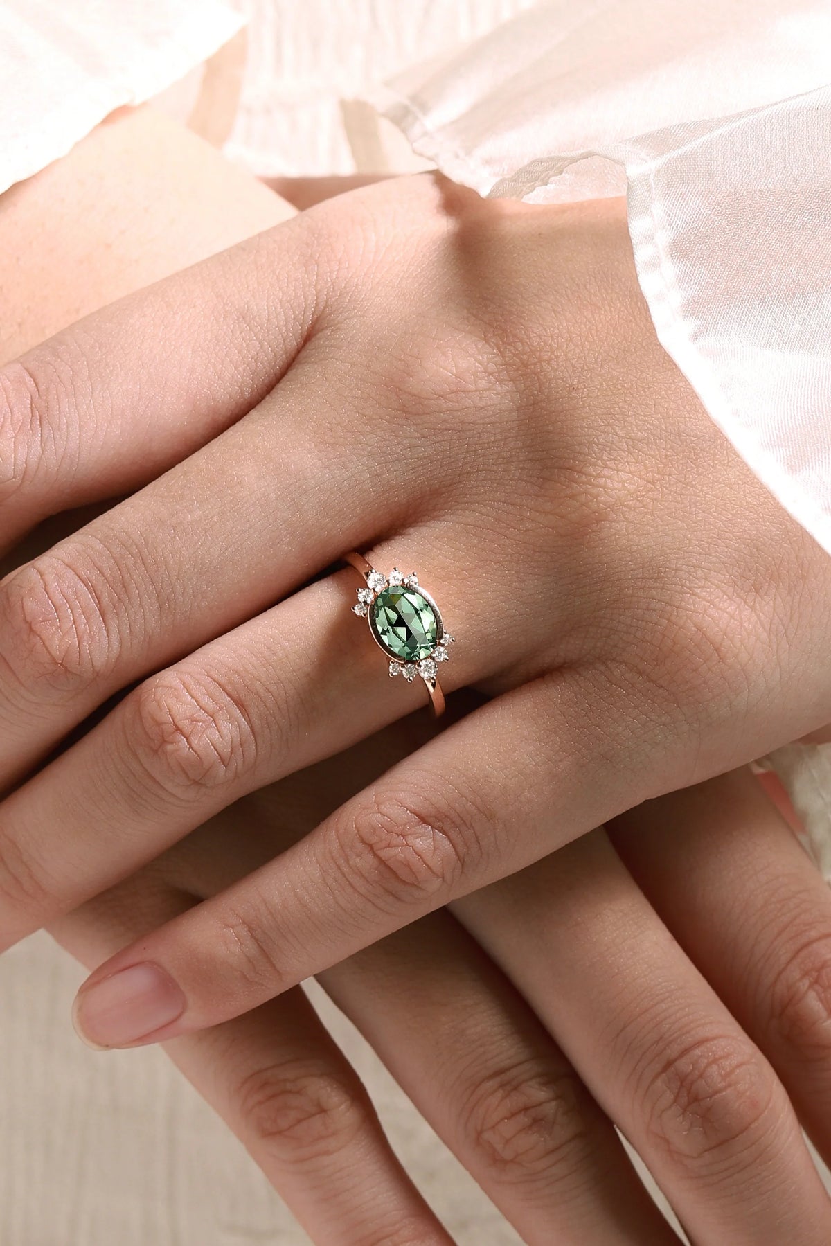 Oval Green Sapphire Half-Bezel Engagement Ring Moissanite Cluster