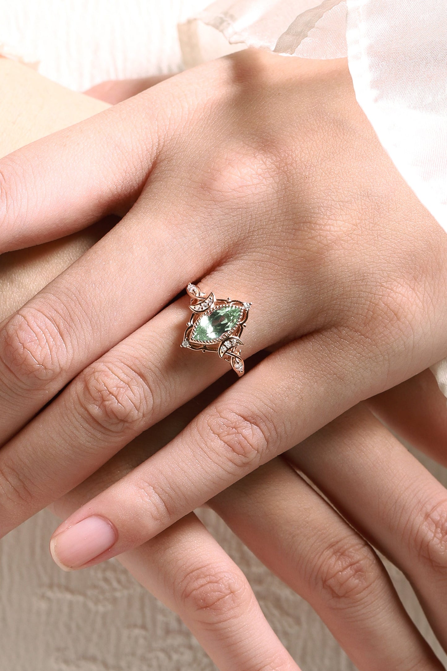 Marquise Green Sapphire Engagement Ring With Moon
