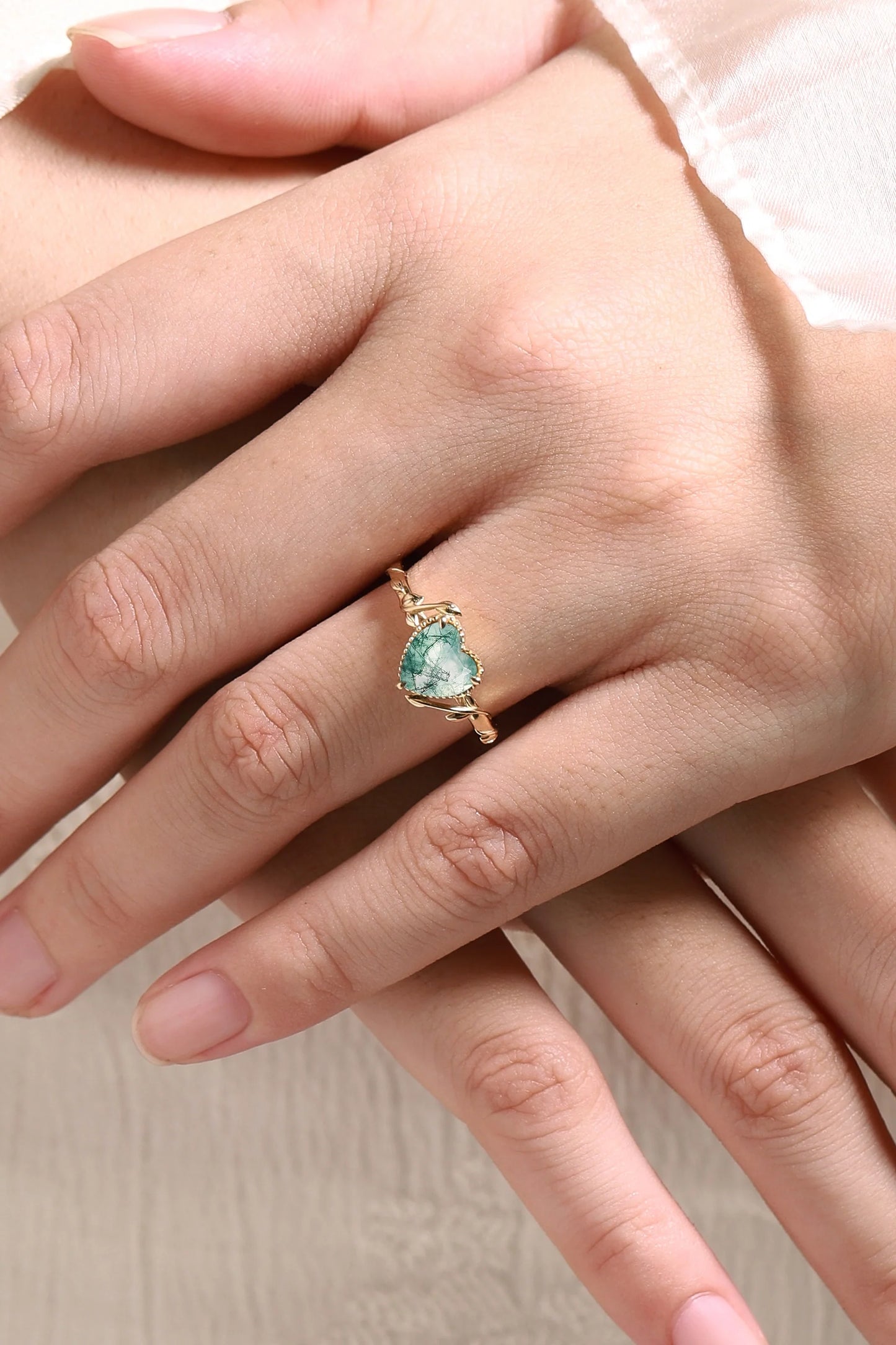 Heart Cut Nature Inspired Leafy Moss Agate Ring Engagement Ring