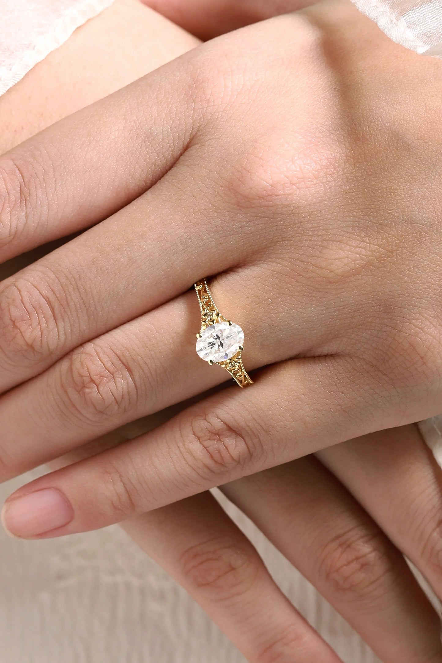 Vintage Victorian Oval Cut Moissanite Flora Engagement Ring